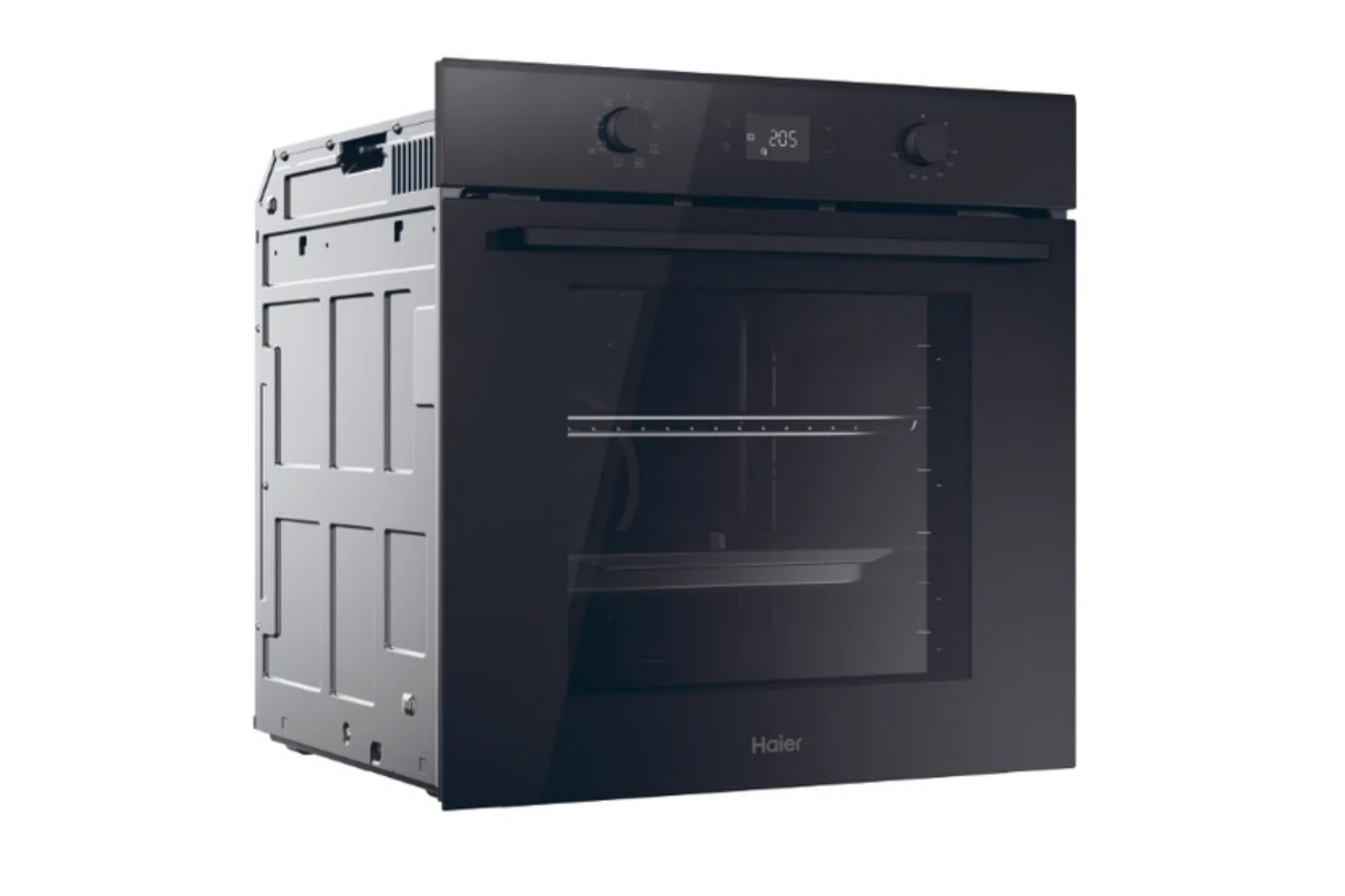 Moderno horno empotrado Haier negro con pantalla digital y mandos giratorios sobre fondo blanco.