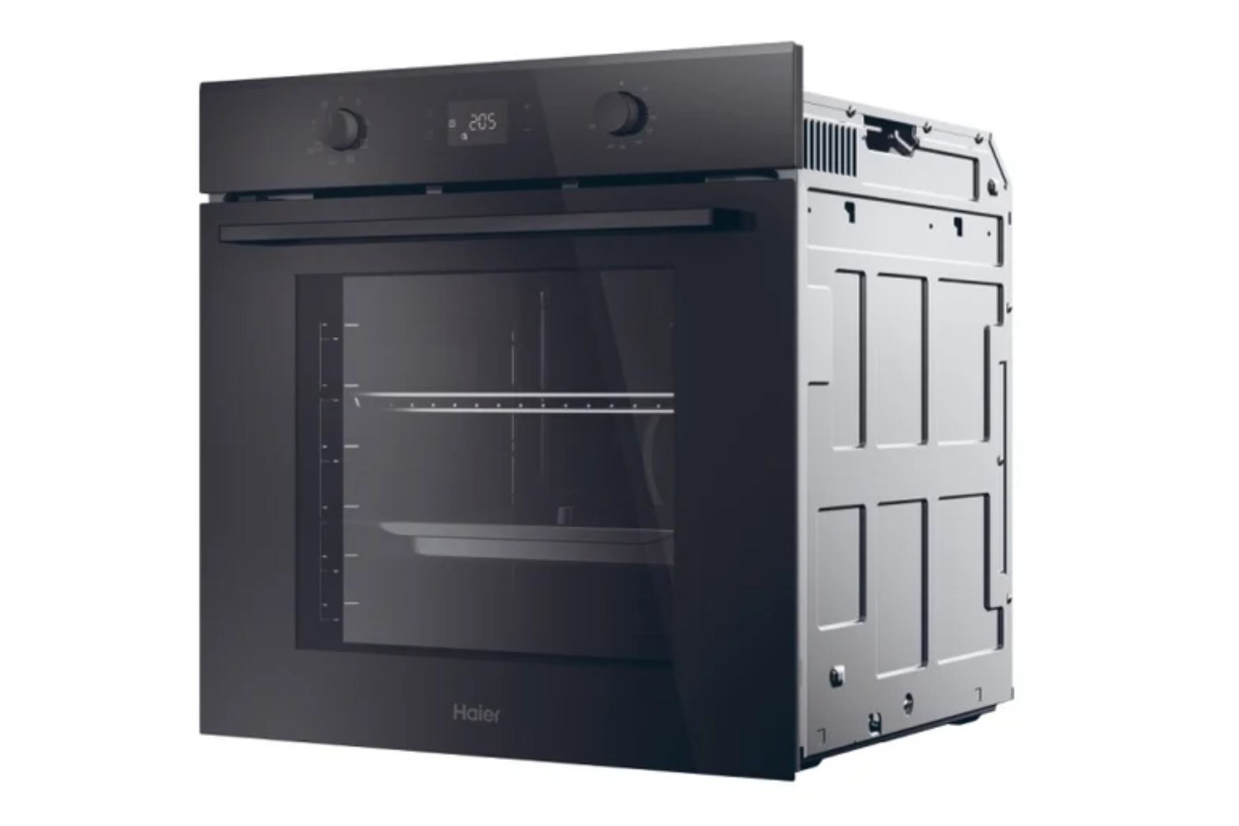 Un horno empotrado Haier negro con puerta de cristal y mandos giratorios sobre fondo blanco.