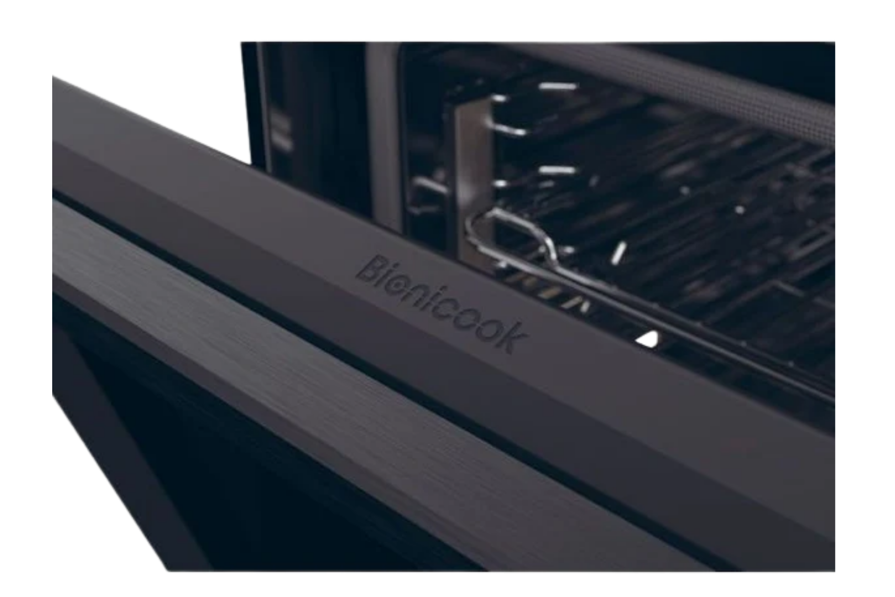 Horno Bionicook abierto que muestra el tirador negro y las rejillas plateadas.