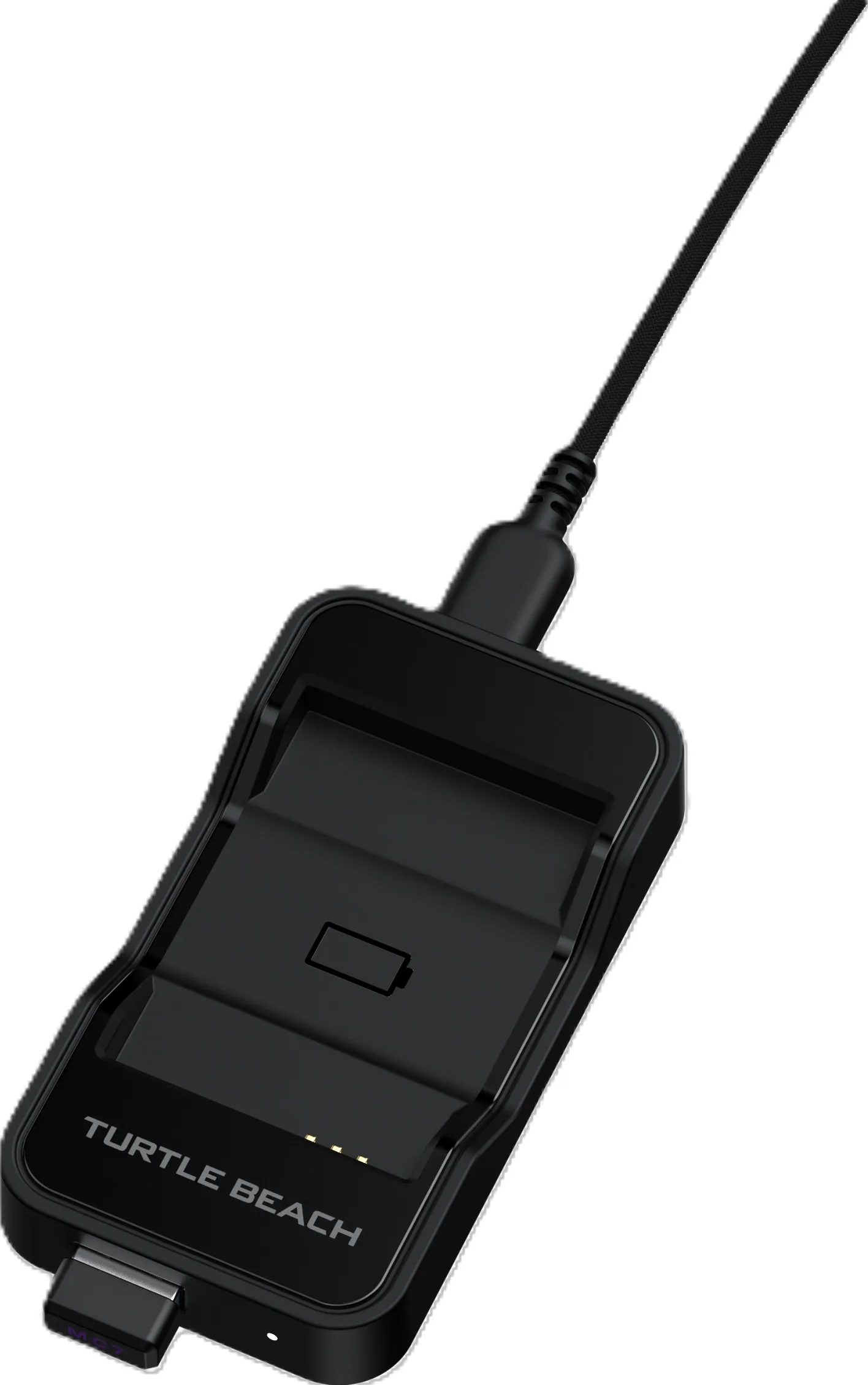 Base di ricarica nera Turtle Beach collegata a un cavo USB.