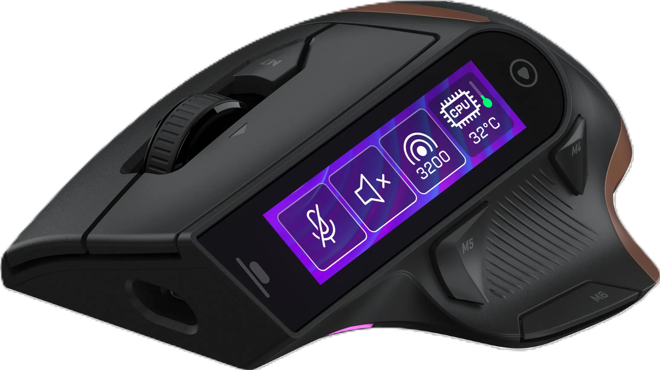 Mouse da gioco nero con un piccolo schermo LED sul lato che mostra informazioni di sistema.