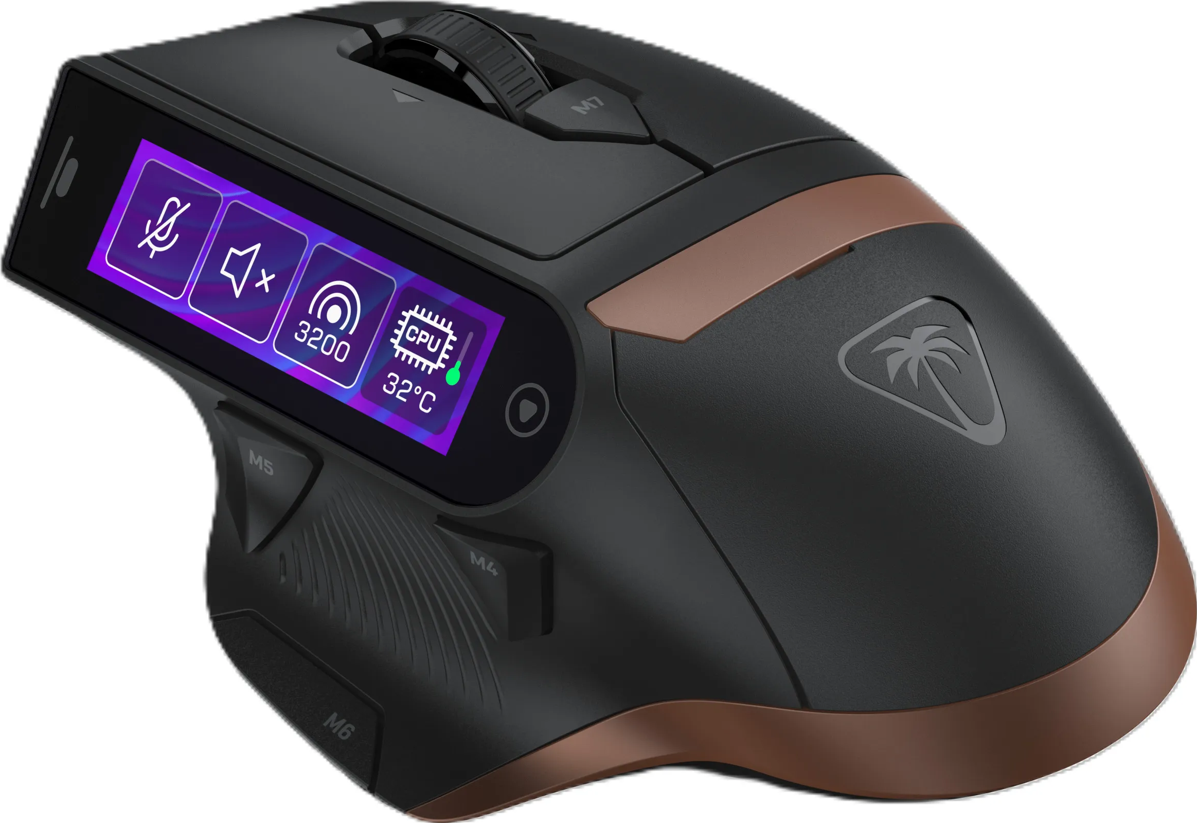 Mouse da gioco nero con dettagli in rame e un piccolo display sul lato.