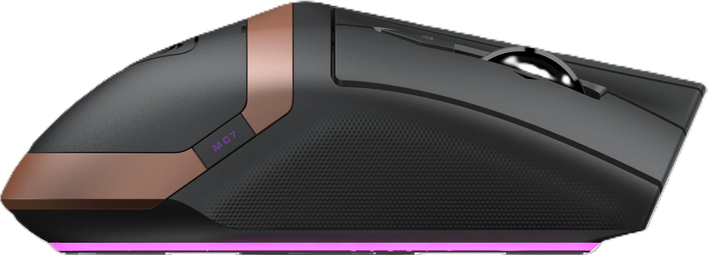 Un mouse da gioco nero con dettagli color rame e un'illuminazione inferiore rosa brillante.