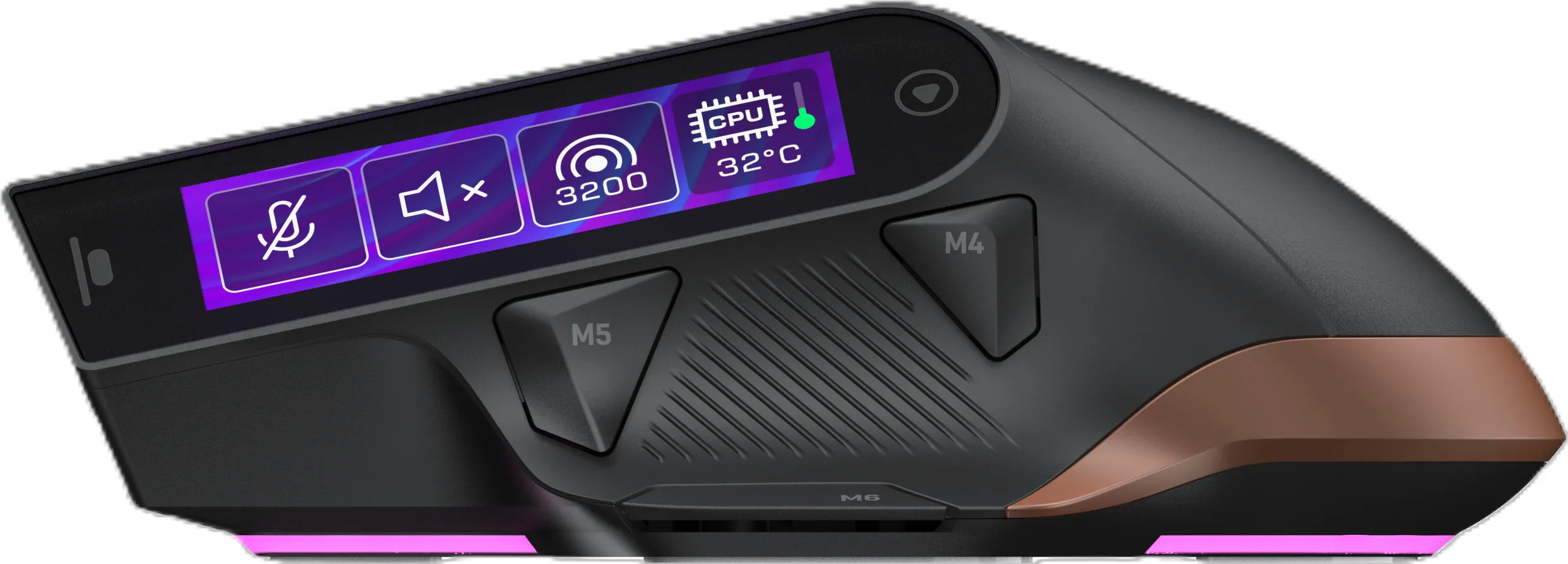 Un mouse da gioco nero con schermo LED per statistiche di sistema, pulsanti macro e illuminazione rosa.