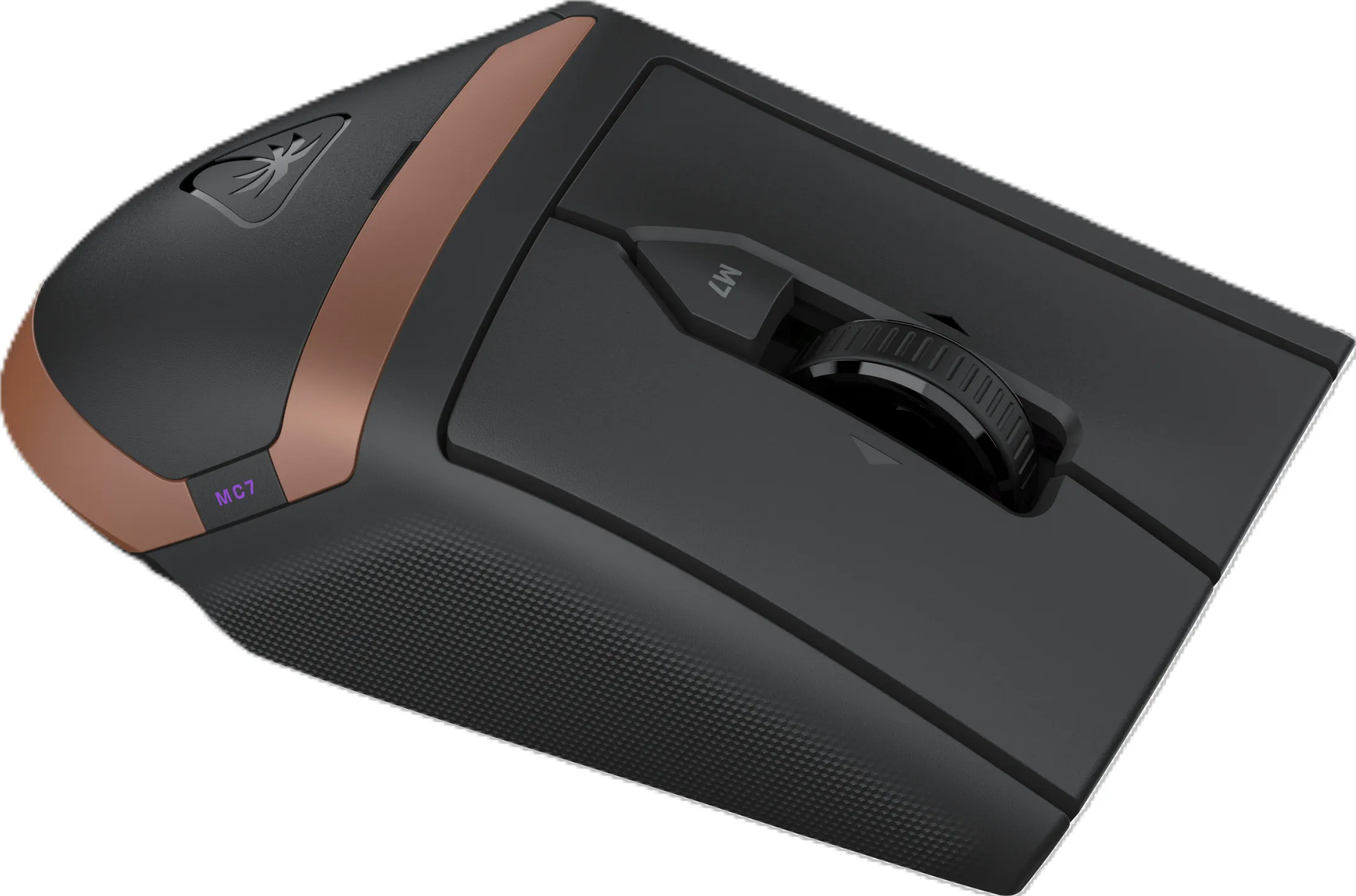 Mouse da gioco nero con dettagli in rame e rotella di scorrimento su sfondo bianco.
