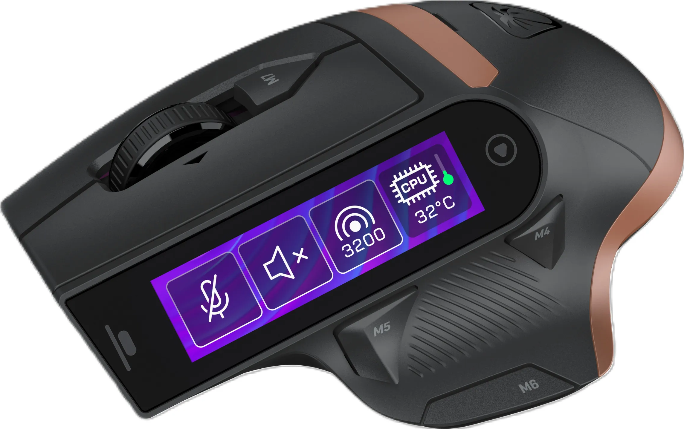 Mouse da gioco nero con dettagli in rame e schermo OLED che mostra icone e temperatura della CPU.