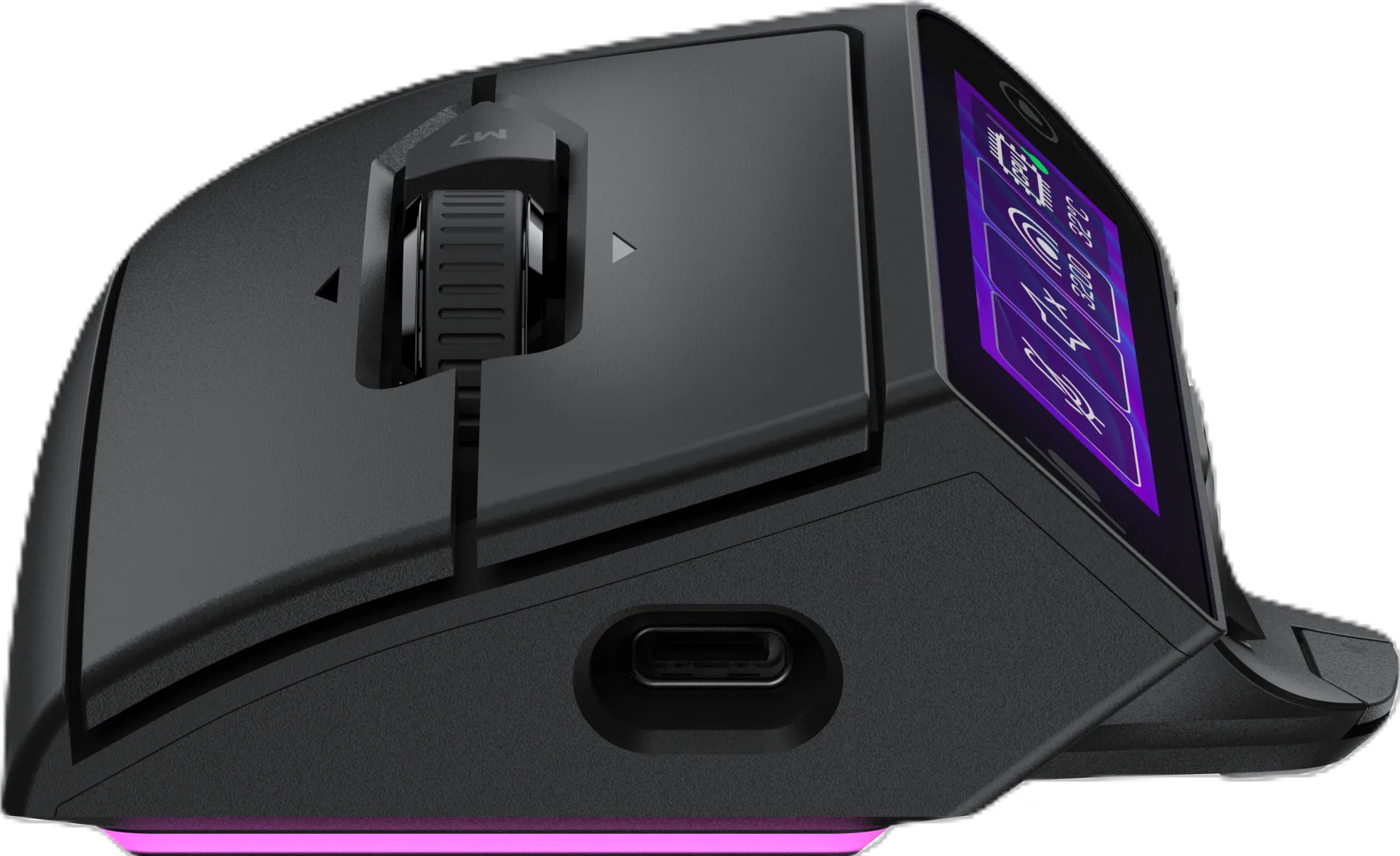 Mouse da gioco nero con schermo LCD, rotella di scorrimento e porta USB-C.