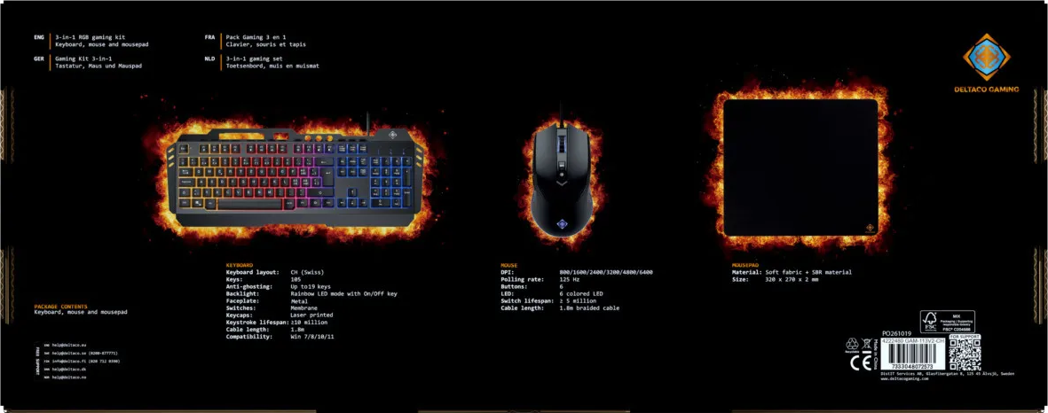 Kit de jeu avec clavier, souris et tapis sur fond noir avec effets de flammes et détails textuels.