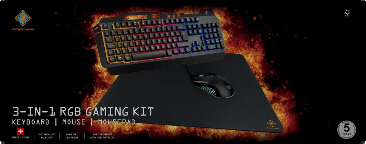 Un kit de jeu RGB 3-en-1 comprenant un clavier, une souris et un tapis de souris sur fond de flammes.