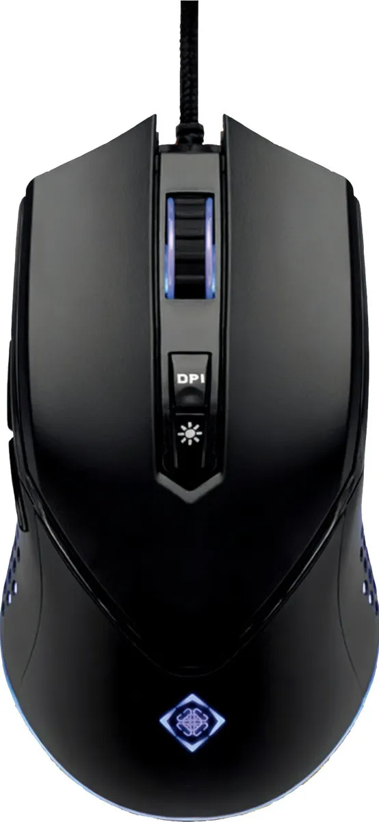 Souris de jeu noire avec éclairage bleu, bouton DPI et câble tressé sur fond blanc.