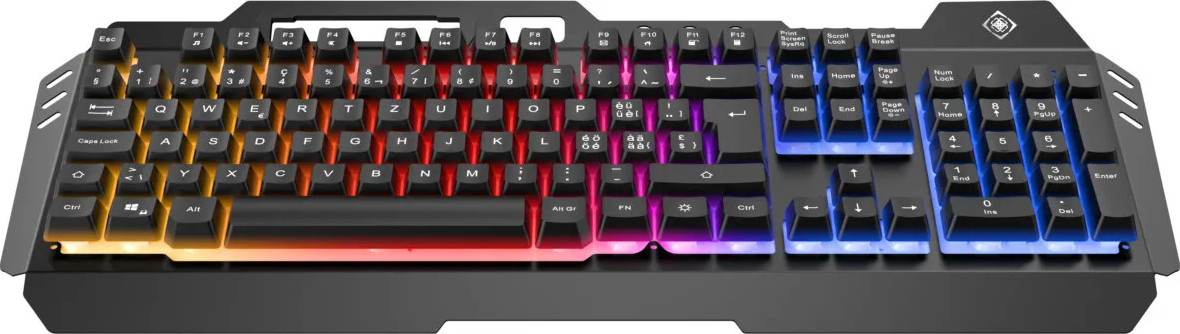 Un clavier de jeu noir avec rétroéclairage LED coloré, design ergonomique et pavé numérique.