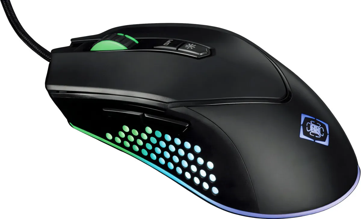 Une souris de jeu noire avec molette verte et éclairage RGB.