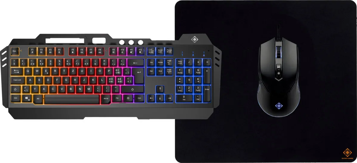 Un clavier de jeu noir avec rétroéclairage coloré à côté d'une souris de jeu noire sur un tapis.