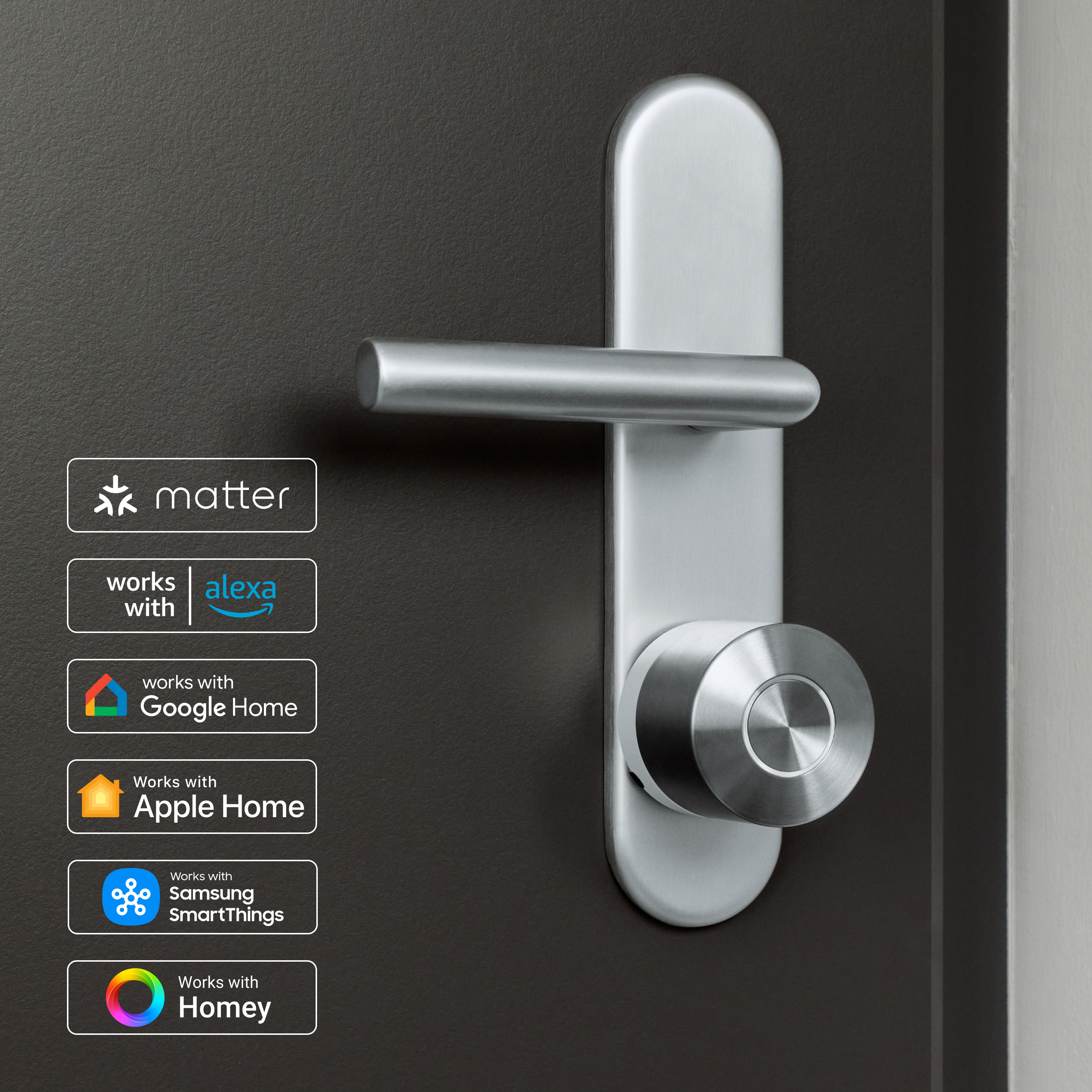 Moderne silberne Türklinke und Knauf auf dunkler Tür mit Smart-Home-Kompatibilitätslogos links.