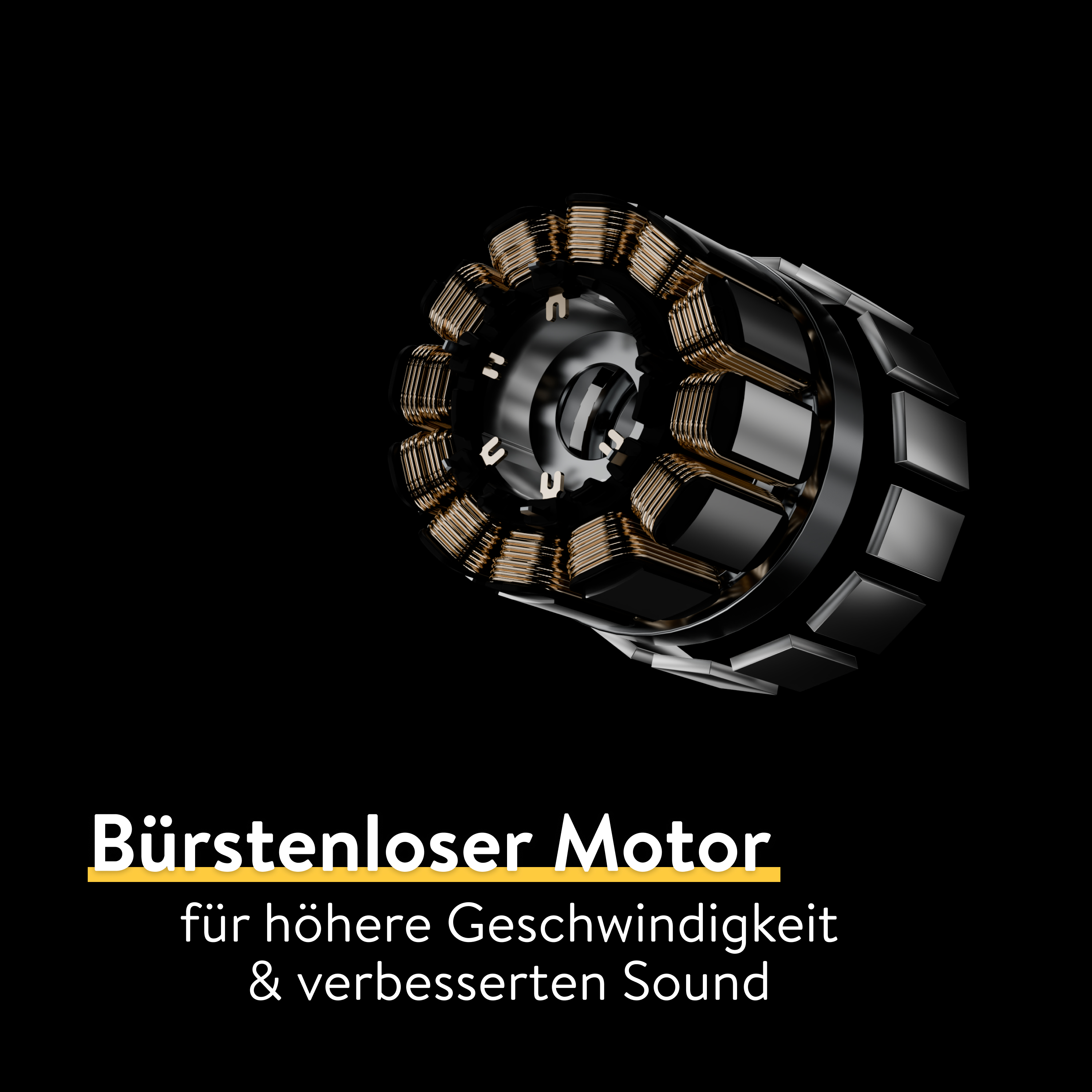 Ansicht eines bürstenlosen Motors mit Kupferwicklungen vor schwarzem Hintergrund und Text.