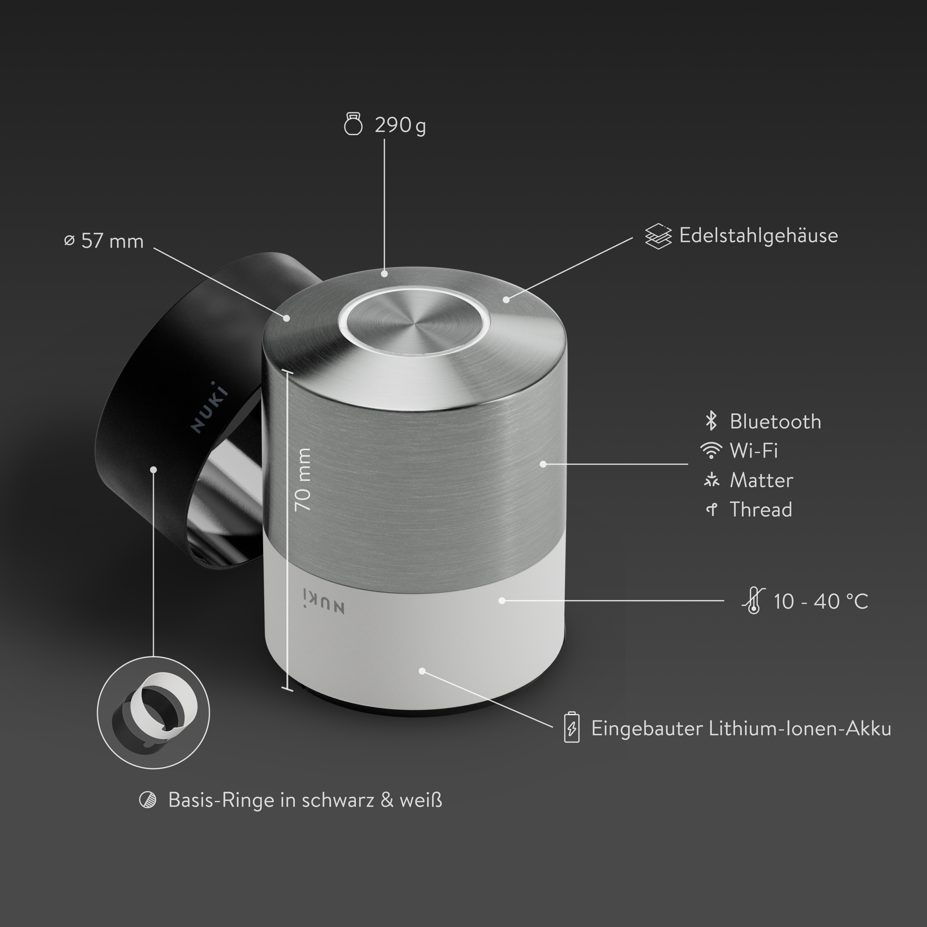 Technische Details und Maße des Zylinderschlosses Nuki Smart Lock mit Edelstahlgehäuse.