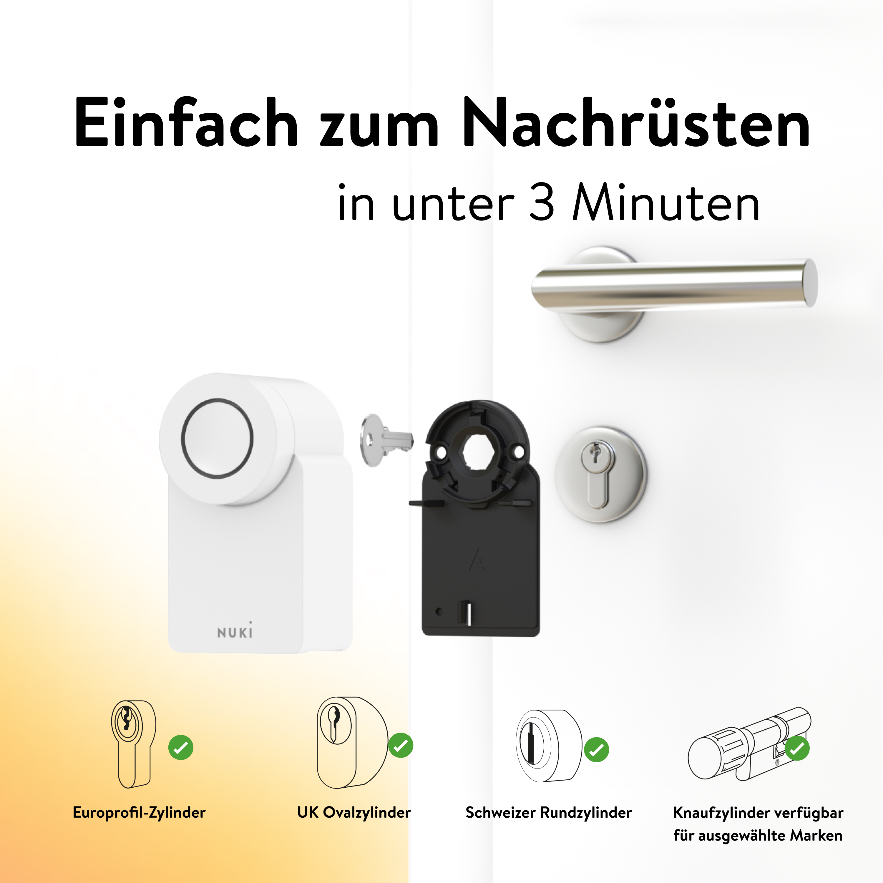 Nuki Smart Lock auf weißer Tür mit verschiedenen Zylindertypen darunter und Text über einfache Nachrüstung.