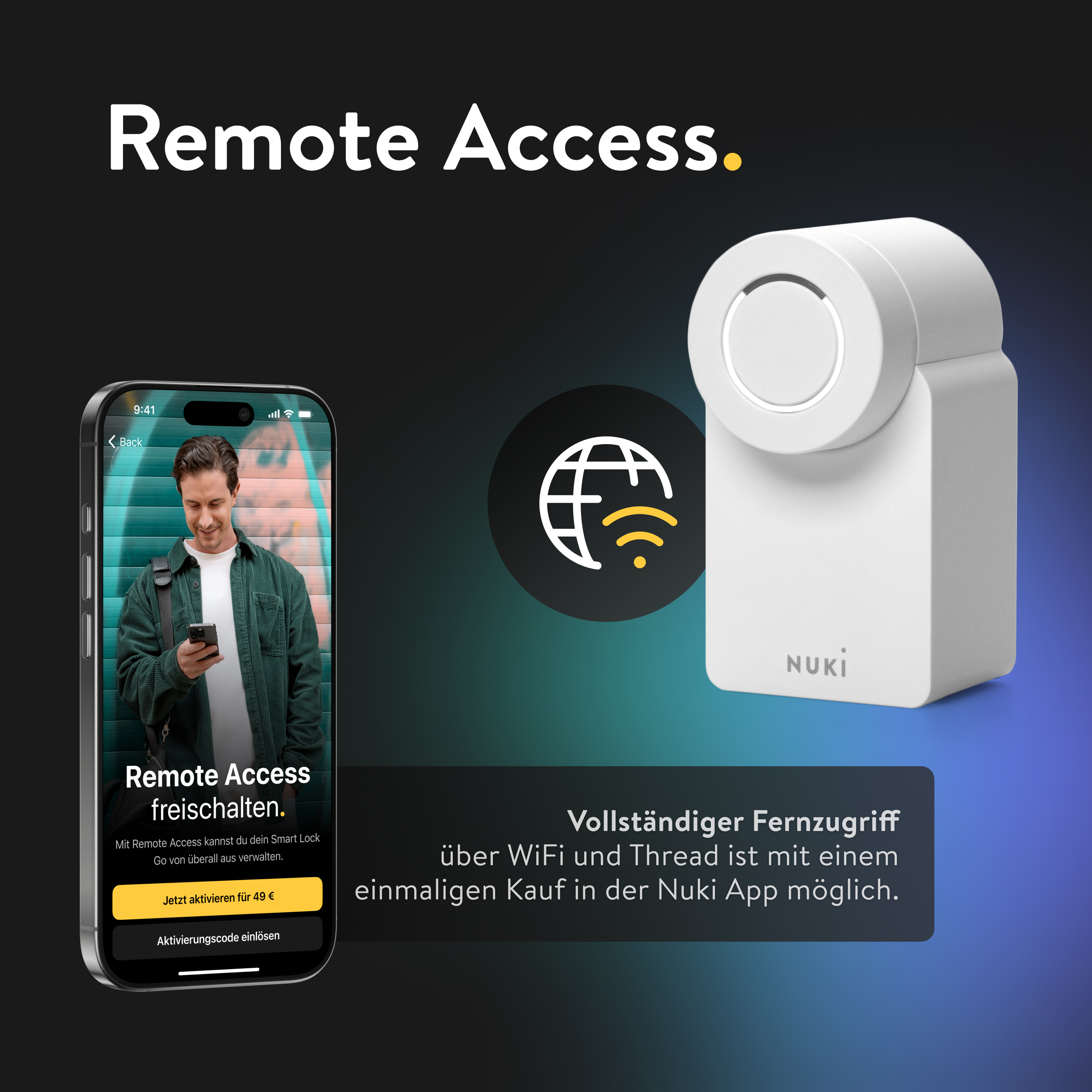 Nuki Smart Lock Gerät neben einem Smartphone mit App-Fernzugriffsfunktionen vor dunklem Farbverlauf.