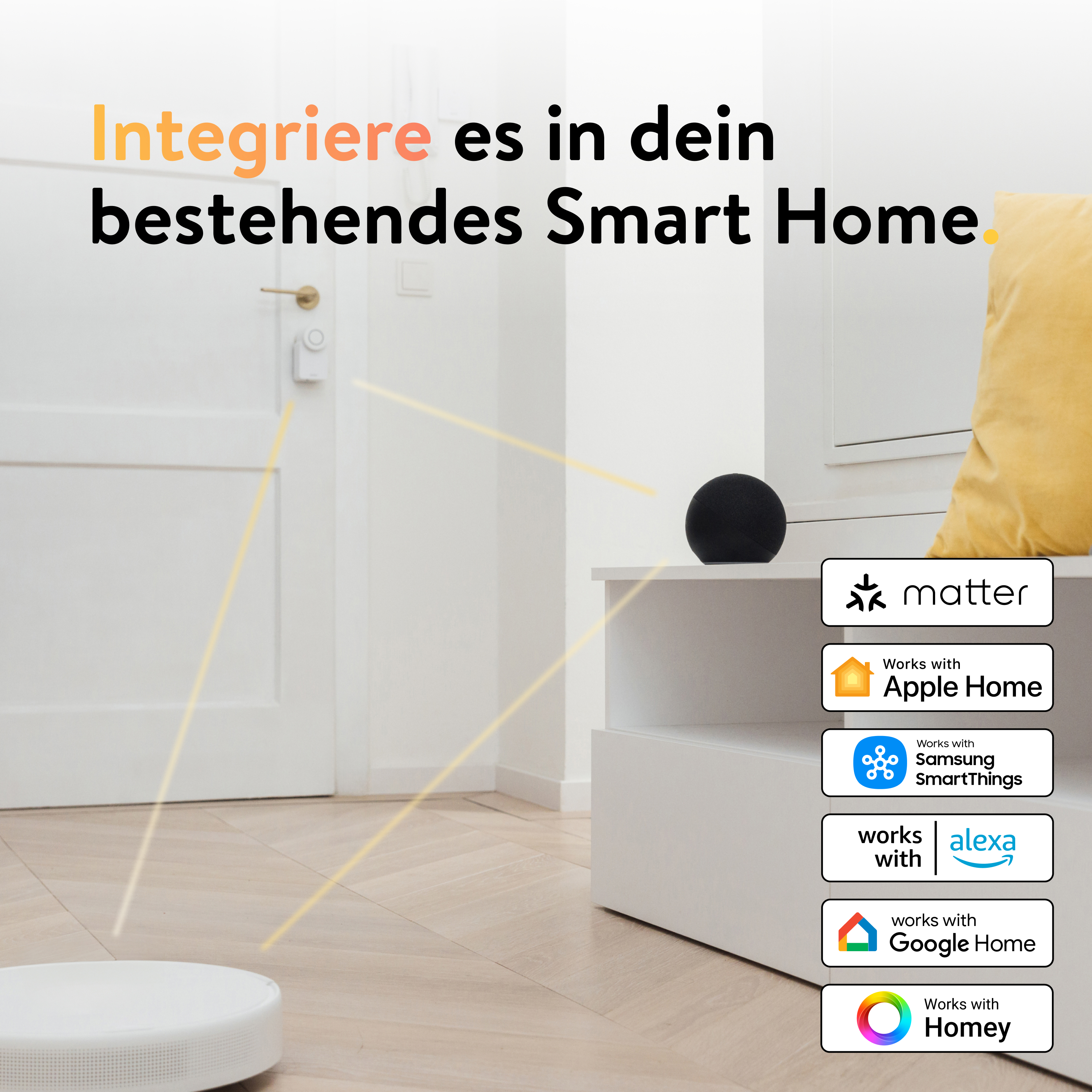 Ein Smart-Home-Hub verbindet sich mit Türsensor und Saugroboter, mit Logos für Apple, Google, Alexa und Matter.