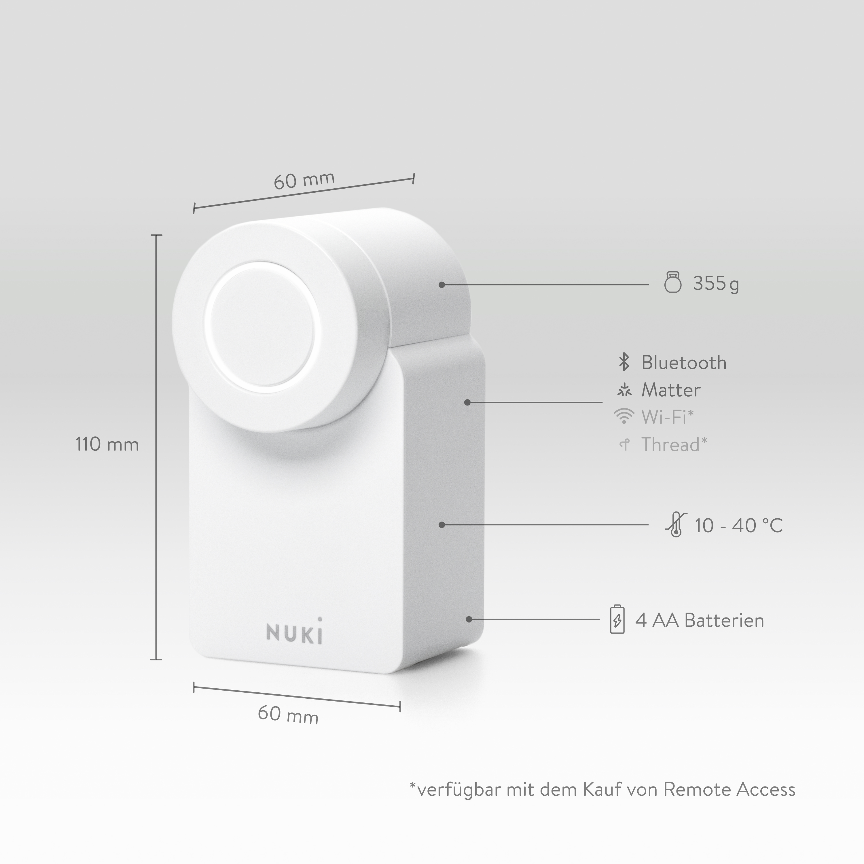 Technische Daten des weißen Nuki Smart Locks mit Maßen von 60x60x110 mm und 355g Gewicht.
