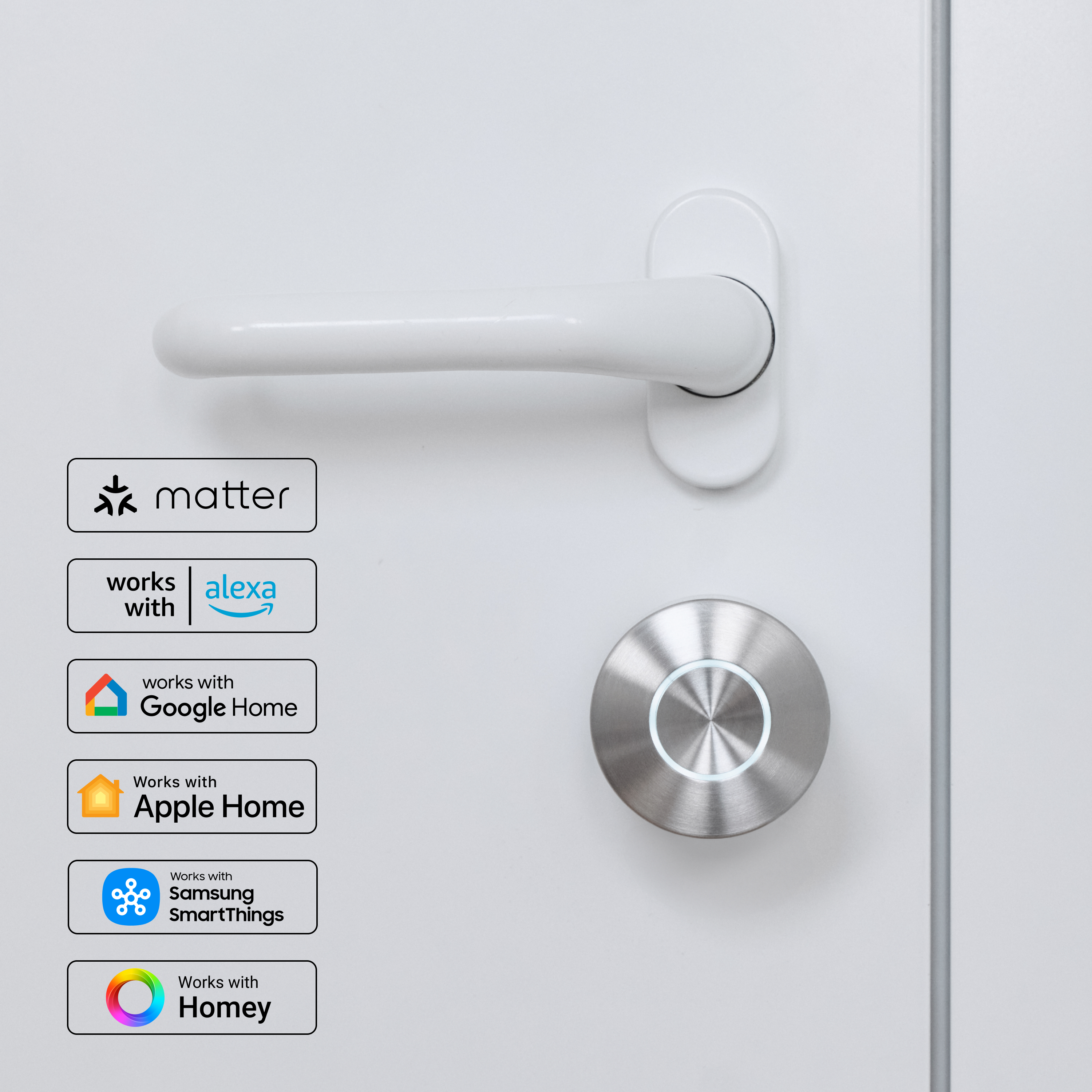 Weiße Tür mit Griff und Schloss, links kompatibel mit Matter, Alexa, Google Home, Apple Home, SmartThings, Homey.