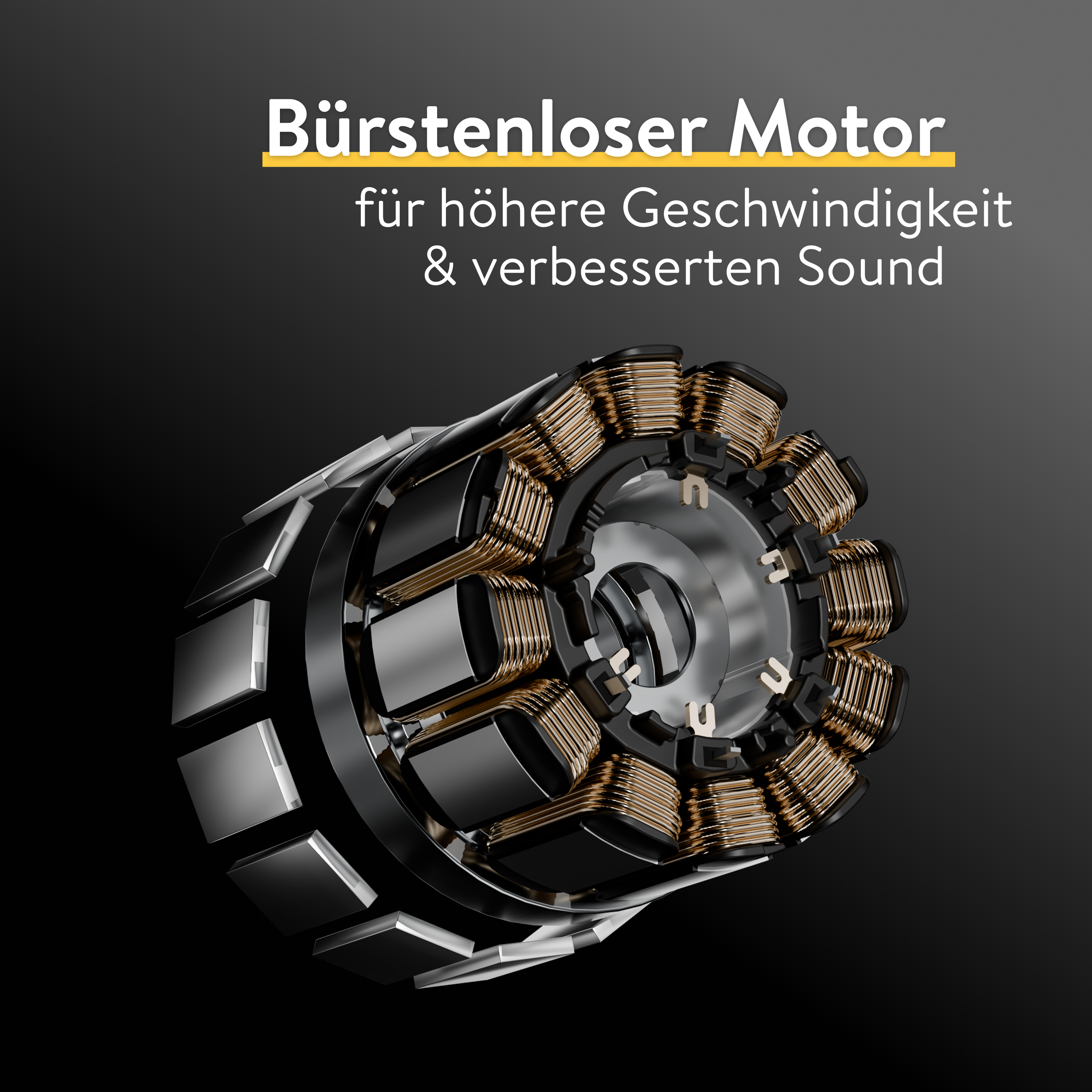 Technikgrafik eines bürstenlosen Motors mit Kupferwicklungen auf dunklem Hintergrund und deutschem Text.