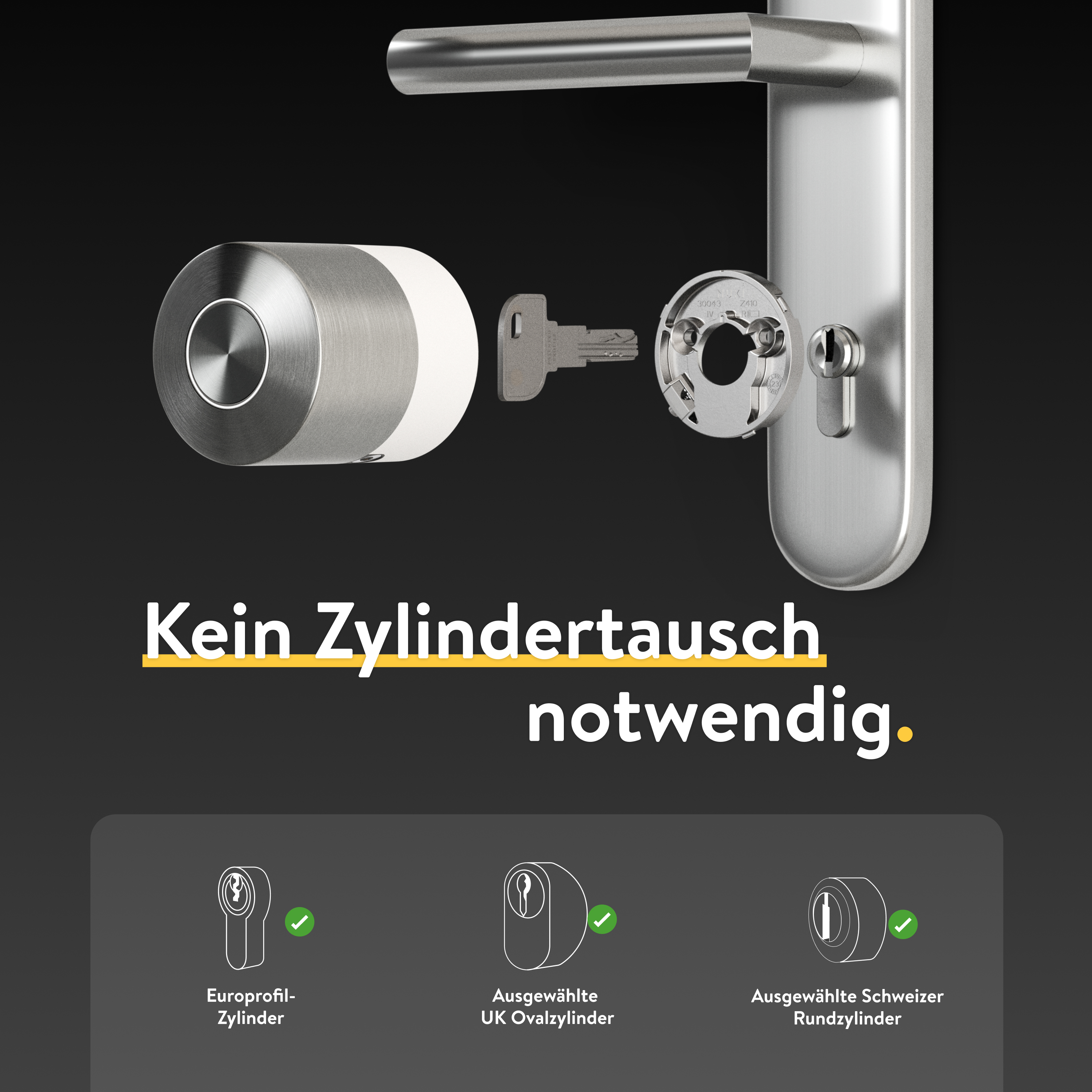 Intelligentes Schloss mit Zylinder und Schlüssel auf schwarzem Hintergrund, Text: Kein Zylindertausch notwendig.