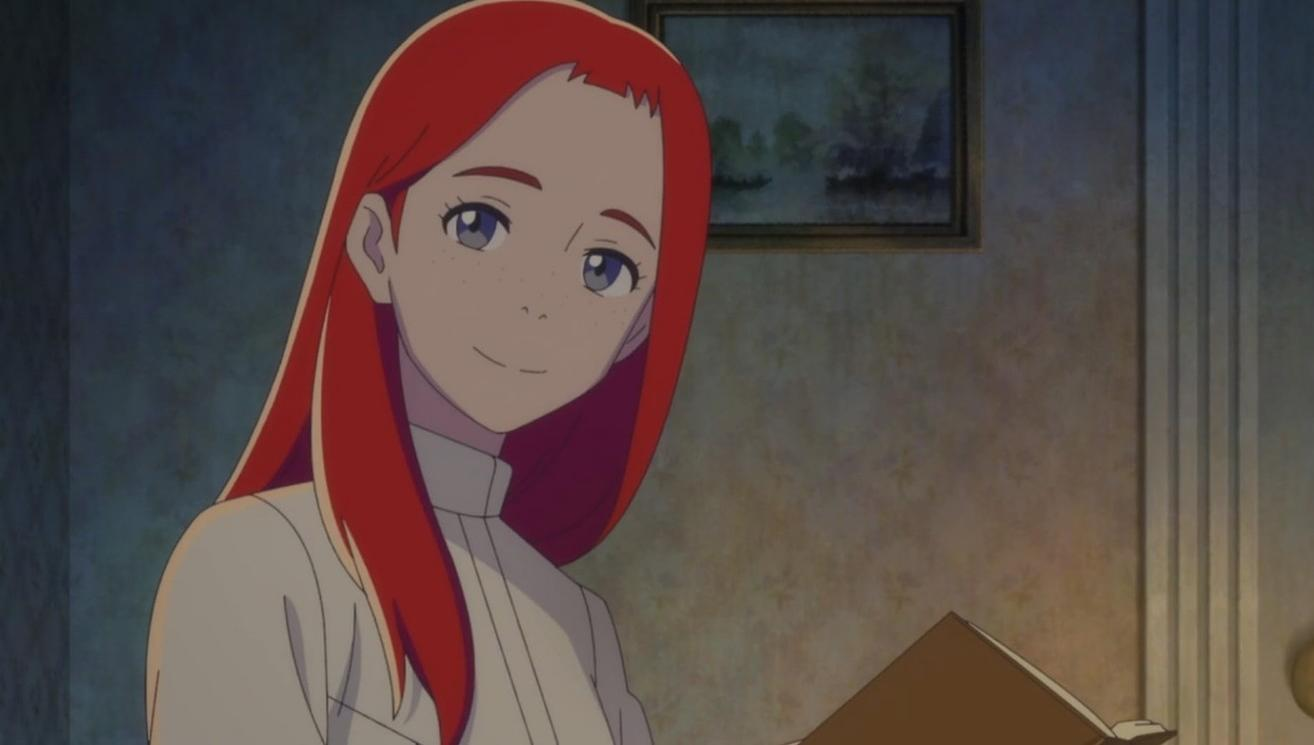 Ein Anime-Mädchen mit langen roten Haaren, hellen Augen und weißem Kragen lächelt sanft im Raum mit einem Bild an der Wand.