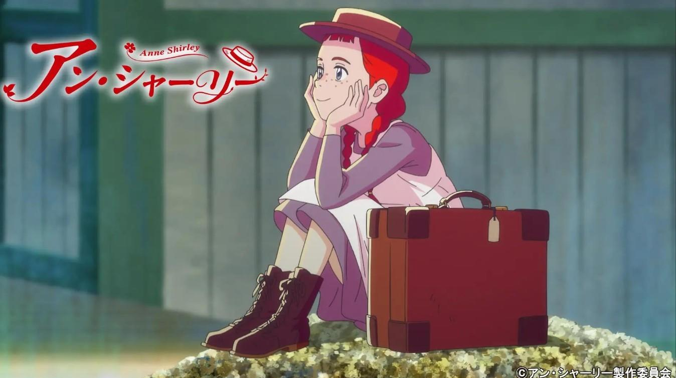 Anime-Mädchen mit roten Zöpfen sitzt neben einem Koffer und hält ihr Kinn in den Händen.
