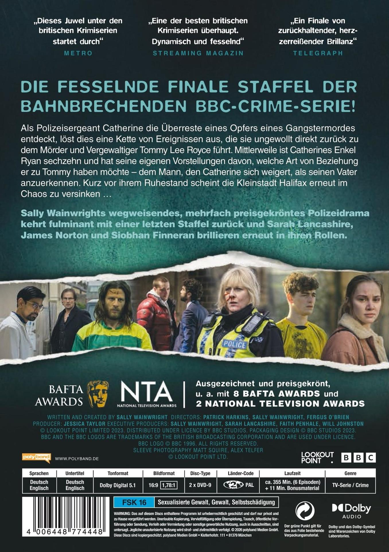 DVD-Rückseite einer Krimi-Serie mit Text, Schauspielerbildern, Kritiken, technischen Infos und FSK-16-Logo.