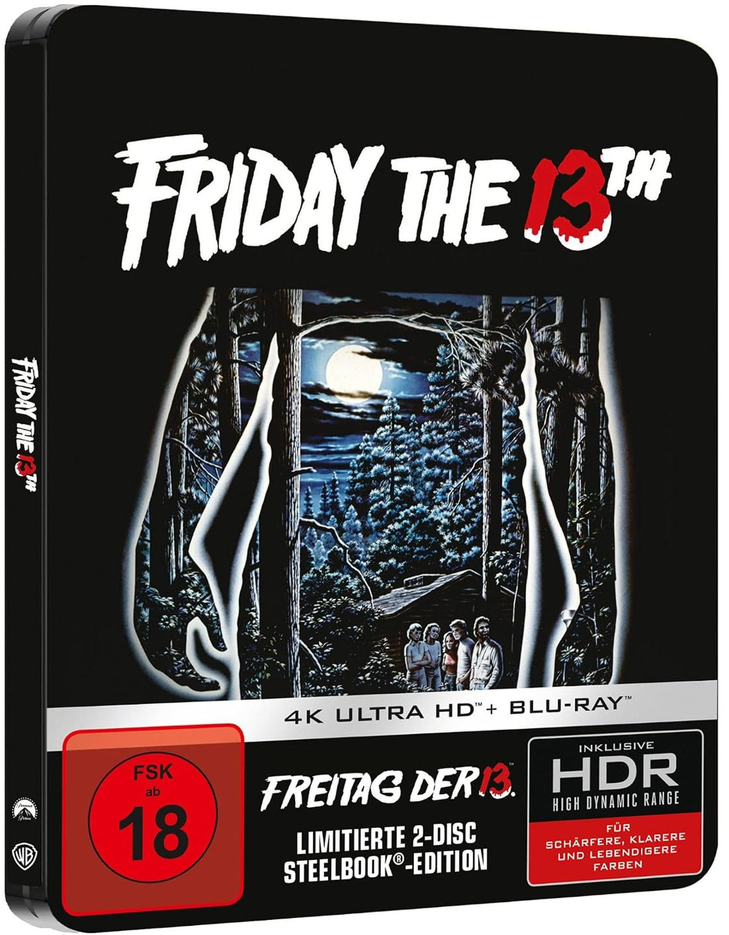 Friday the 13th 4K Ultra HD und Blu-ray Steelbook Cover mit gruseligem Wald und Mond.