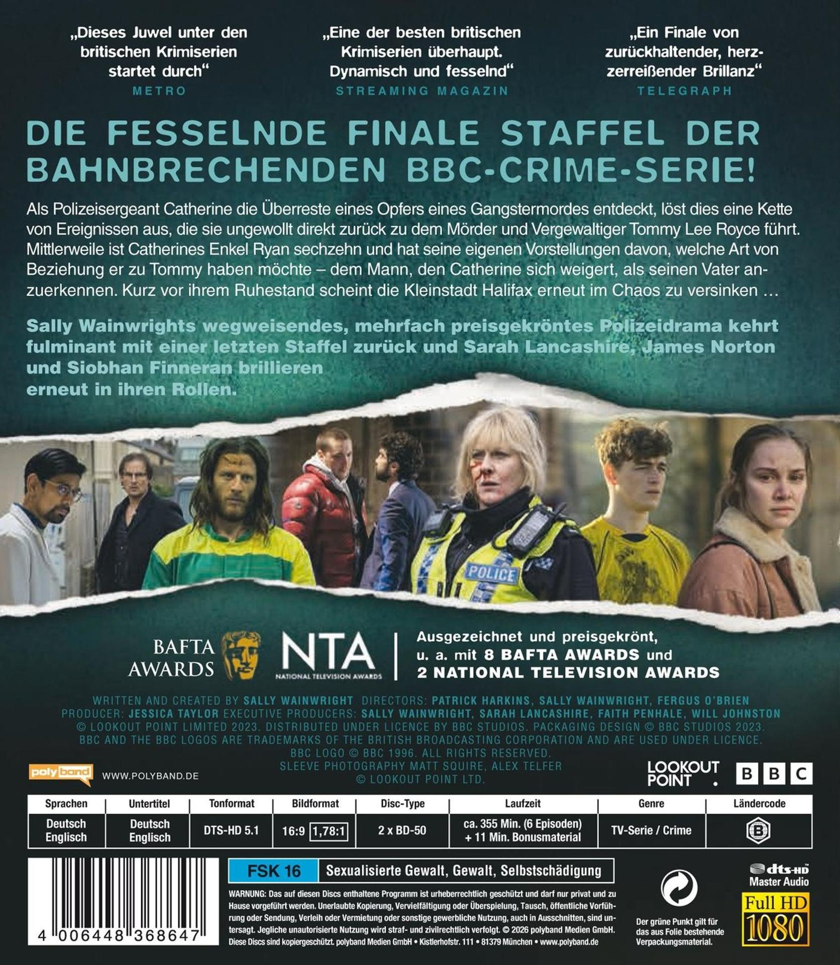 DVD-Cover der BBC-Krimiserie mit Texten, Kritiken und Charakteren im Vordergrund sowie technischen Details.