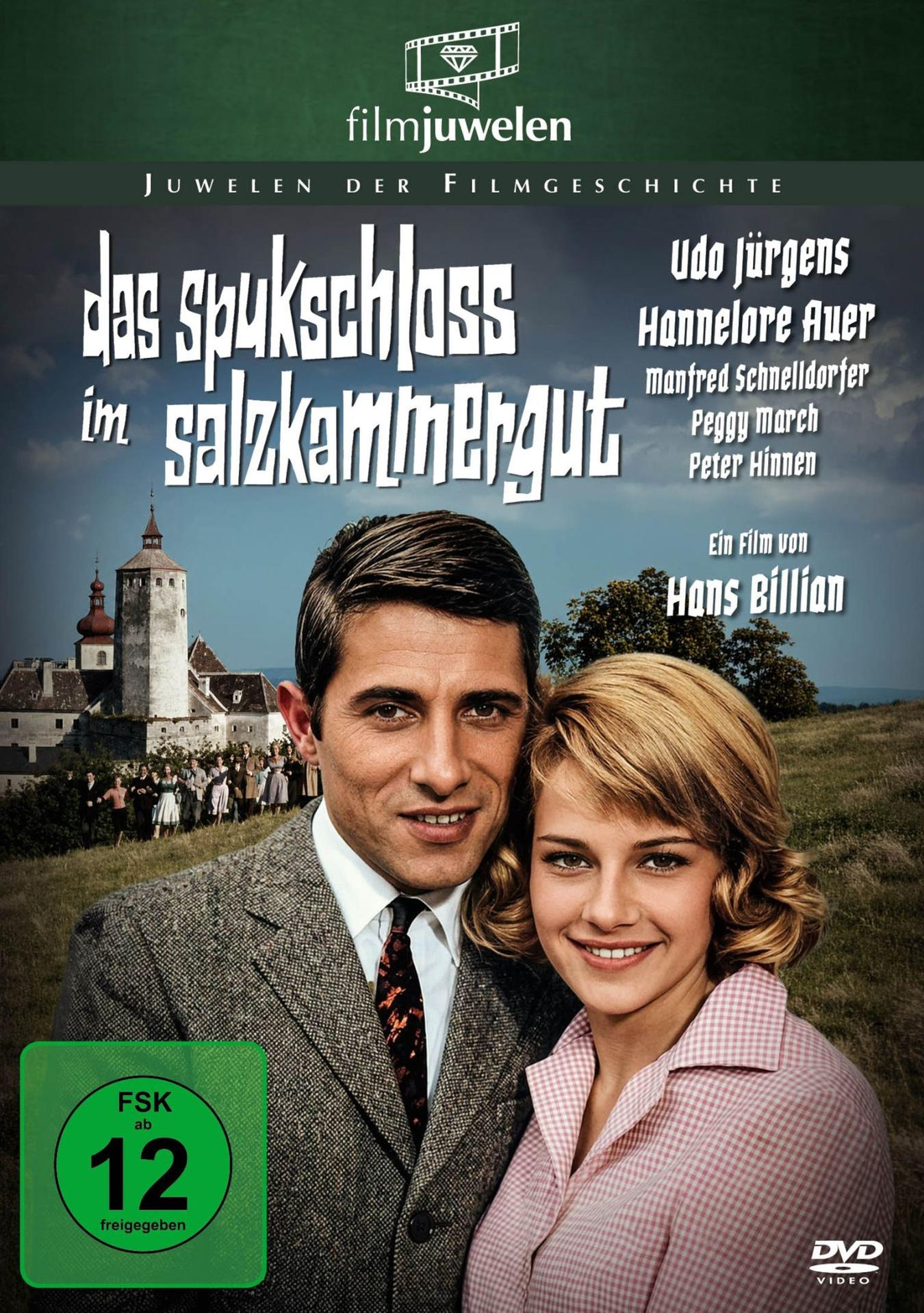 Filmposter von Das Spukschloss im Salzkammergut mit einem Paar im Vordergrund und einem Schloss im Hintergrund.