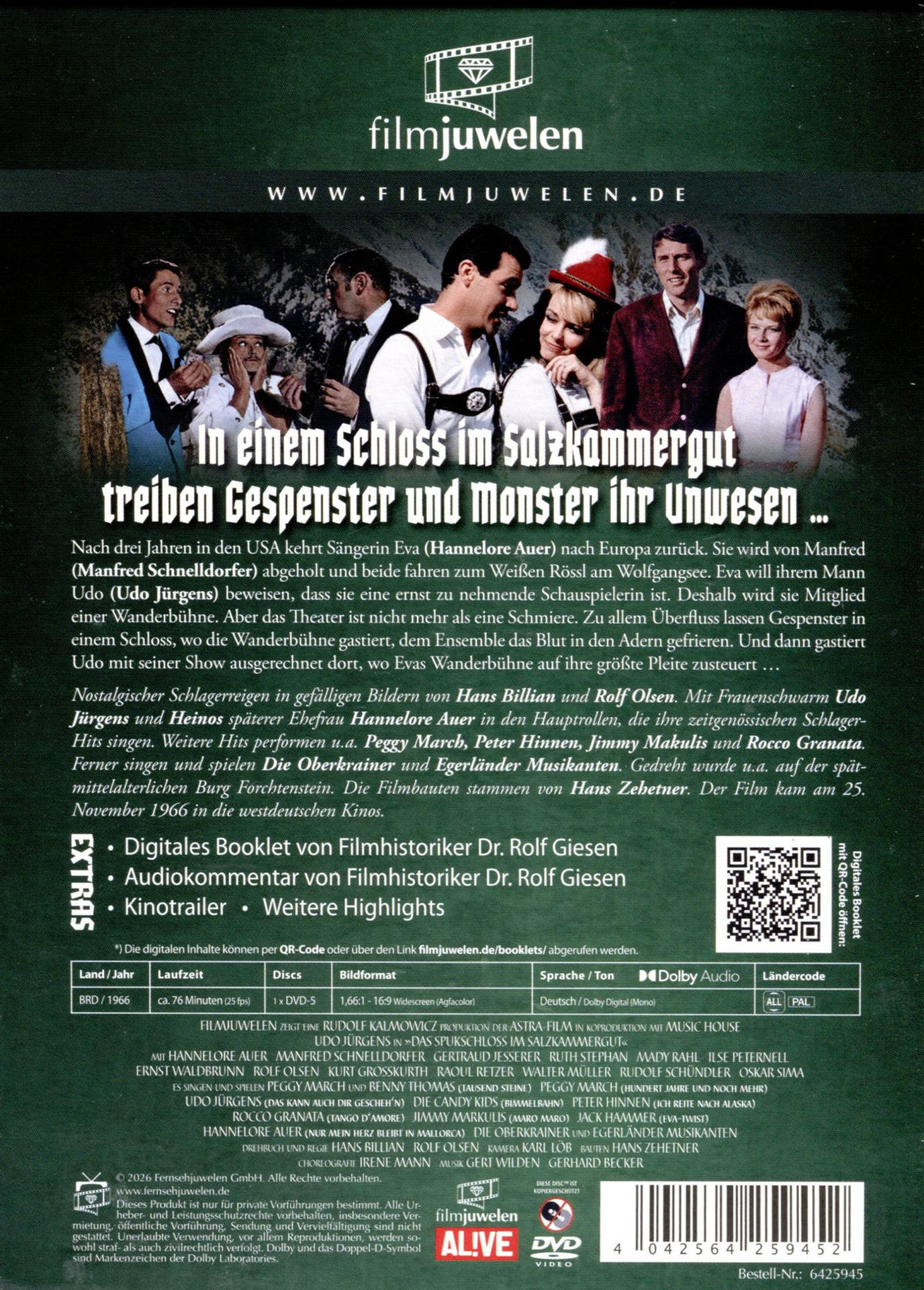 DVD-Rückseite mit Fotos der Besetzung, grünem Text, Inhaltsangabe und technischen Details auf Deutsch.