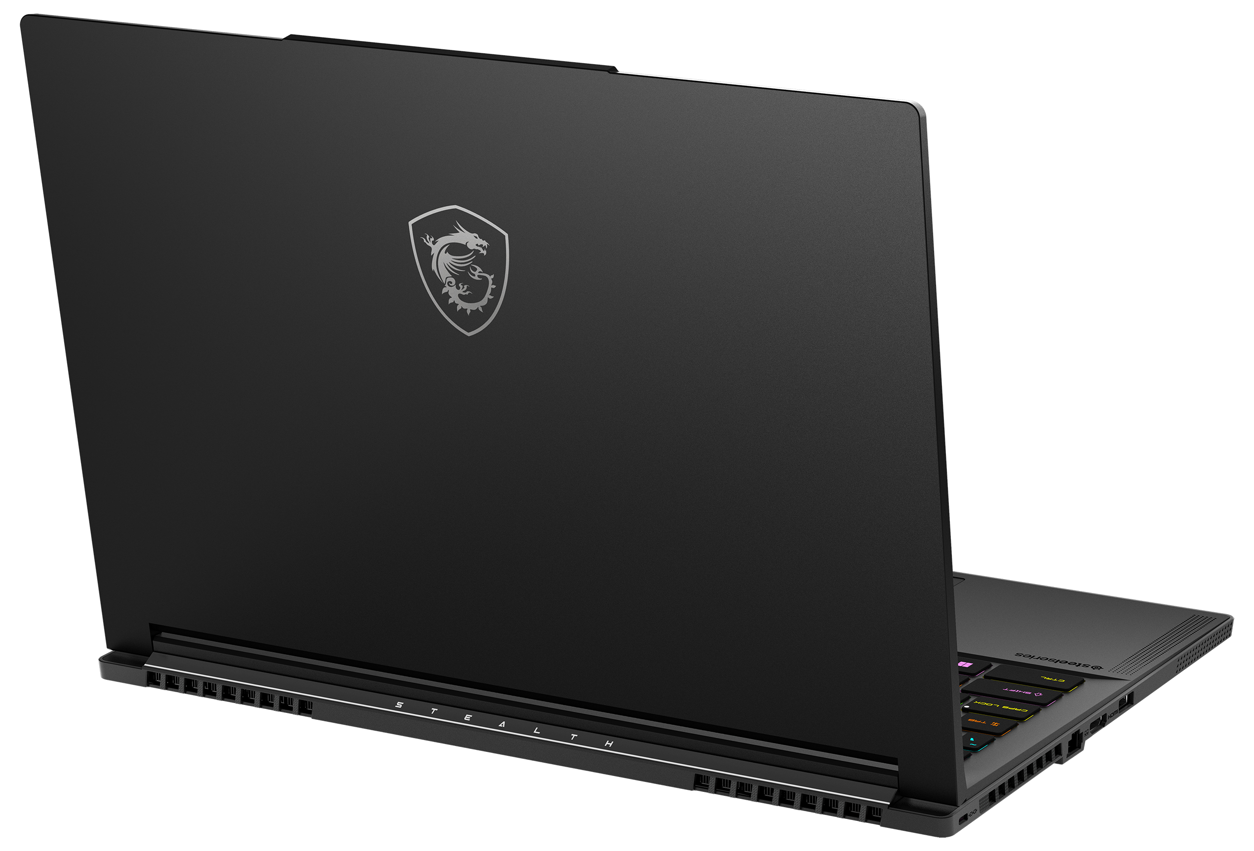 Schwarzer MSI Stealth Laptop mit Drachenlogo auf dem geschlossenen Deckel und sichtbaren Anschlüssen.