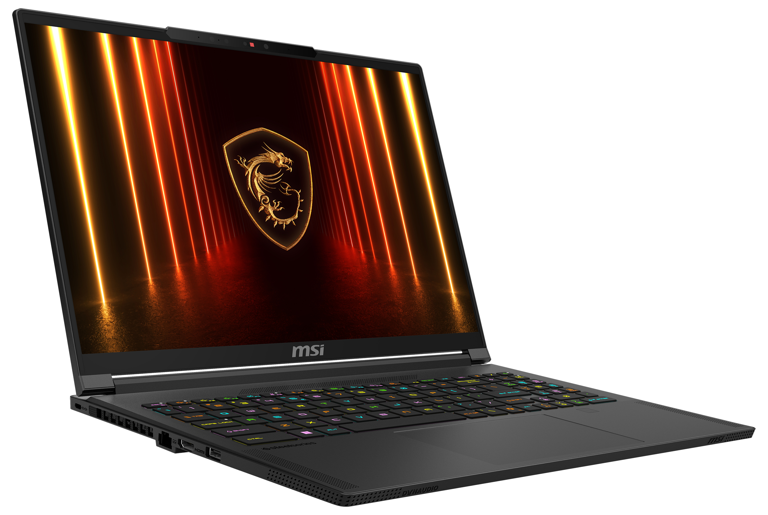 Ein schwarzer MSI-Laptop zeigt ein goldenes Drachenlogo auf dem Bildschirm mit senkrechten Lichtstreifen.