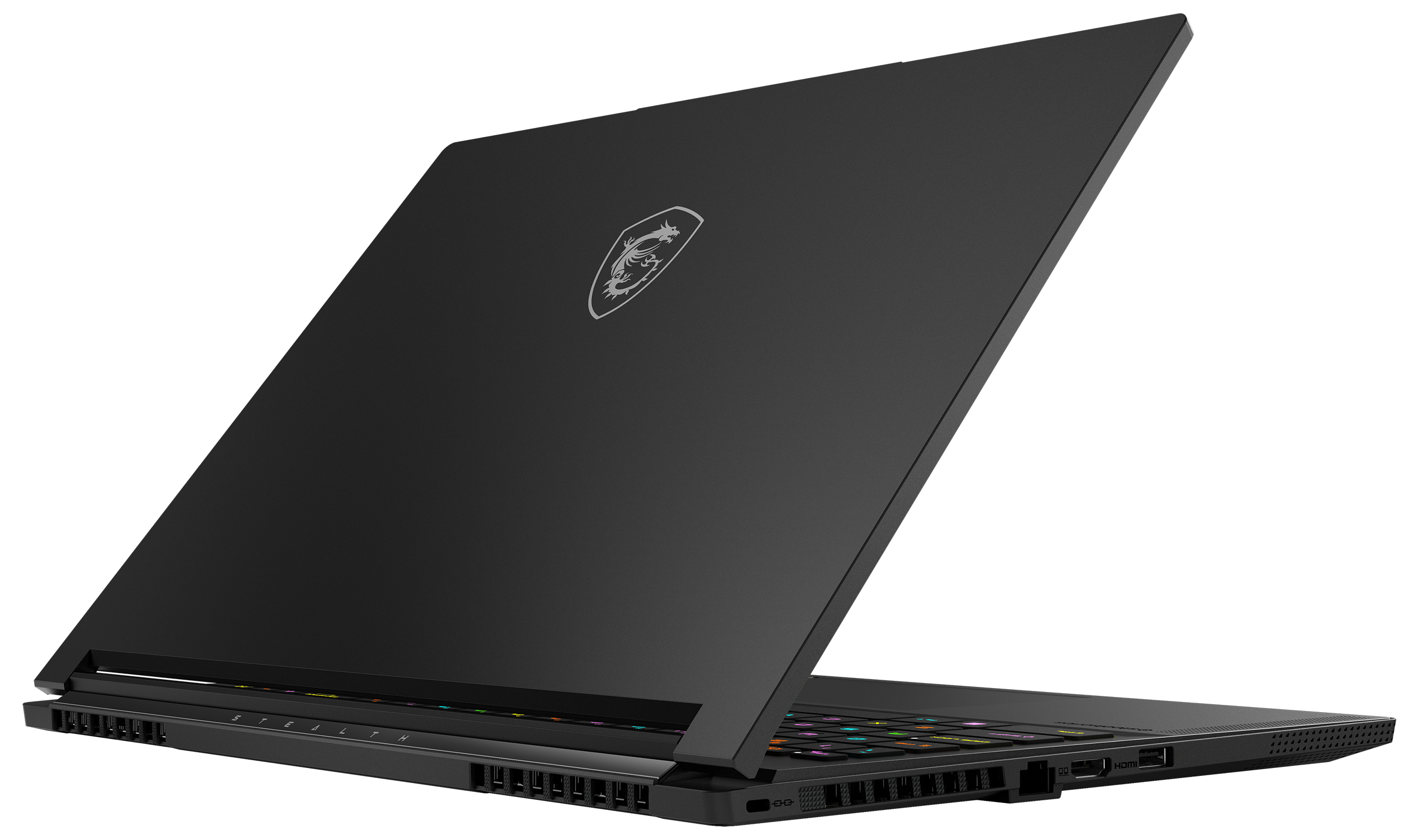 Ein schwarzer MSI Gaming-Laptop mit geöffnetem Bildschirm und sichtbarer RGB-Tastatur auf weißem Hintergrund.