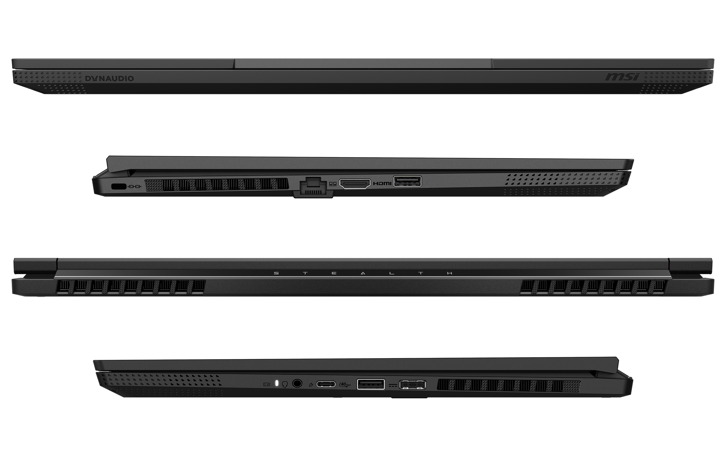 Vier Ansichten eines schwarzen MSI Stealth Laptops zeigen Vorderseite, Rückseite und beide Seiten mit Anschlüssen.