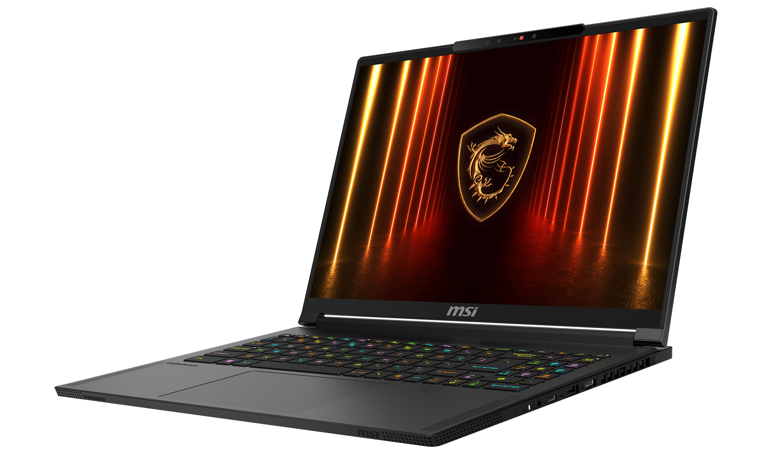 Schwarzer MSI-Gaming-Laptop mit RGB-Tastatur und goldenem Drachenlogo auf dem Bildschirm.