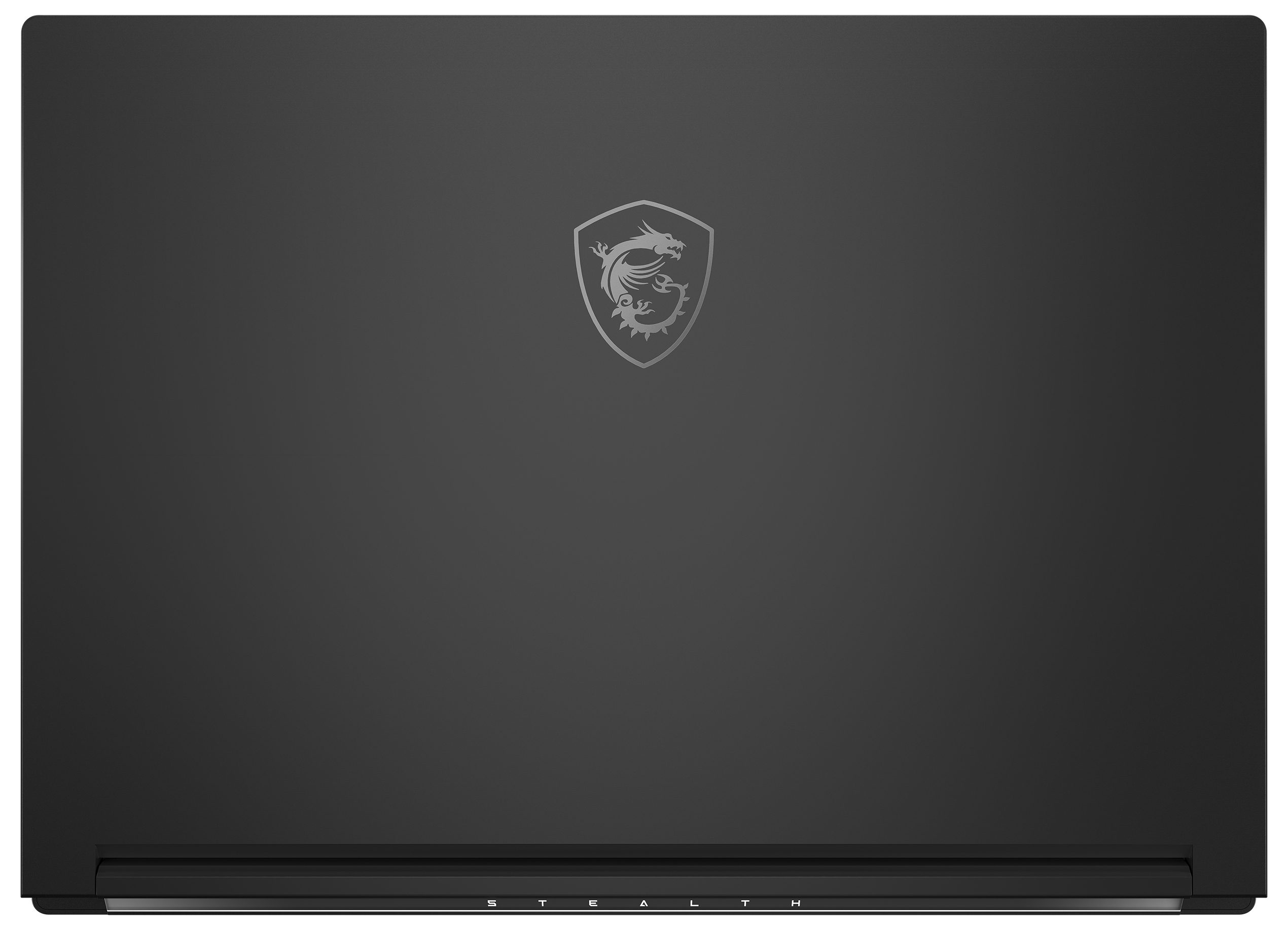 Schwarze Laptop-Rückseite mit silbernem Drachenlogo in der Mitte und dem Schriftzug STEALTH.