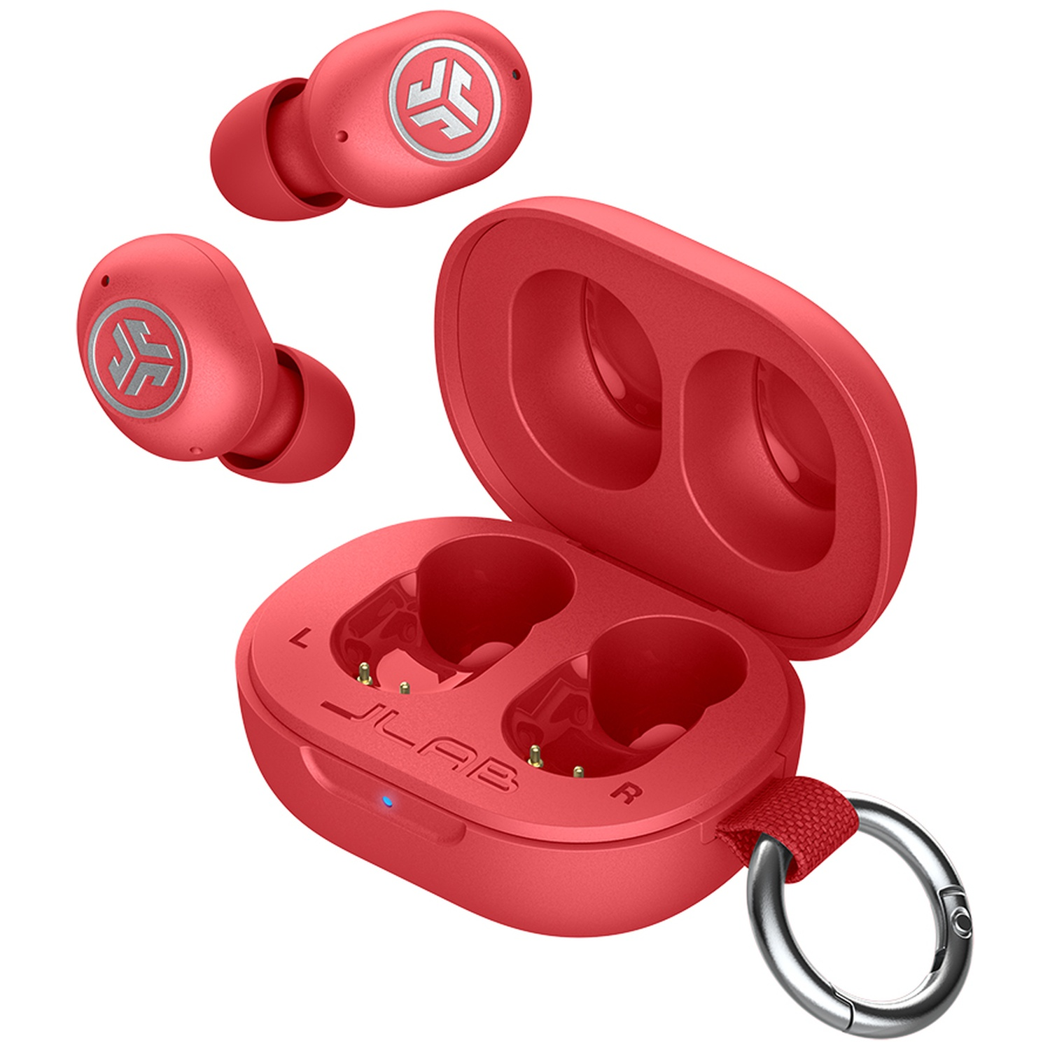 Red JLab true wireless earbuds hover above their open charging case with a silver carabiner.