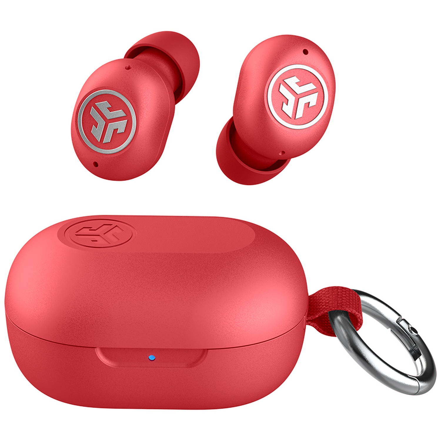 Red JLab true wireless earbuds with charging case and carabiner on white background.
