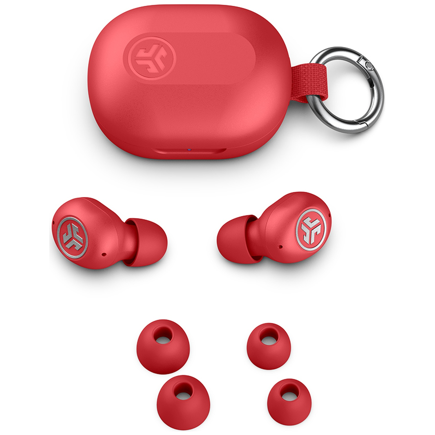 Red wireless earbuds with a charging case, a keychain loop, and four extra ear tips on a white background.