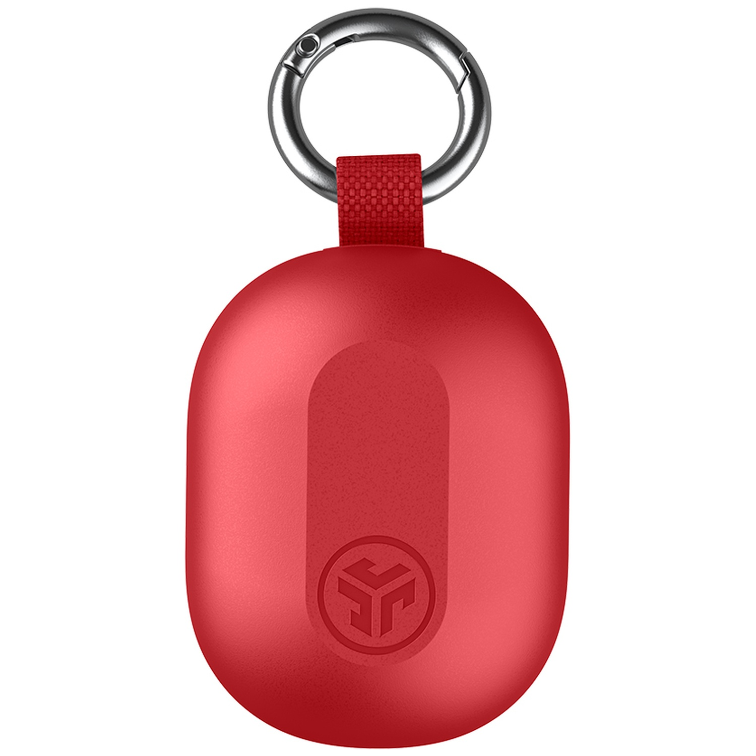 Red, oval speaker with a carabiner hook.