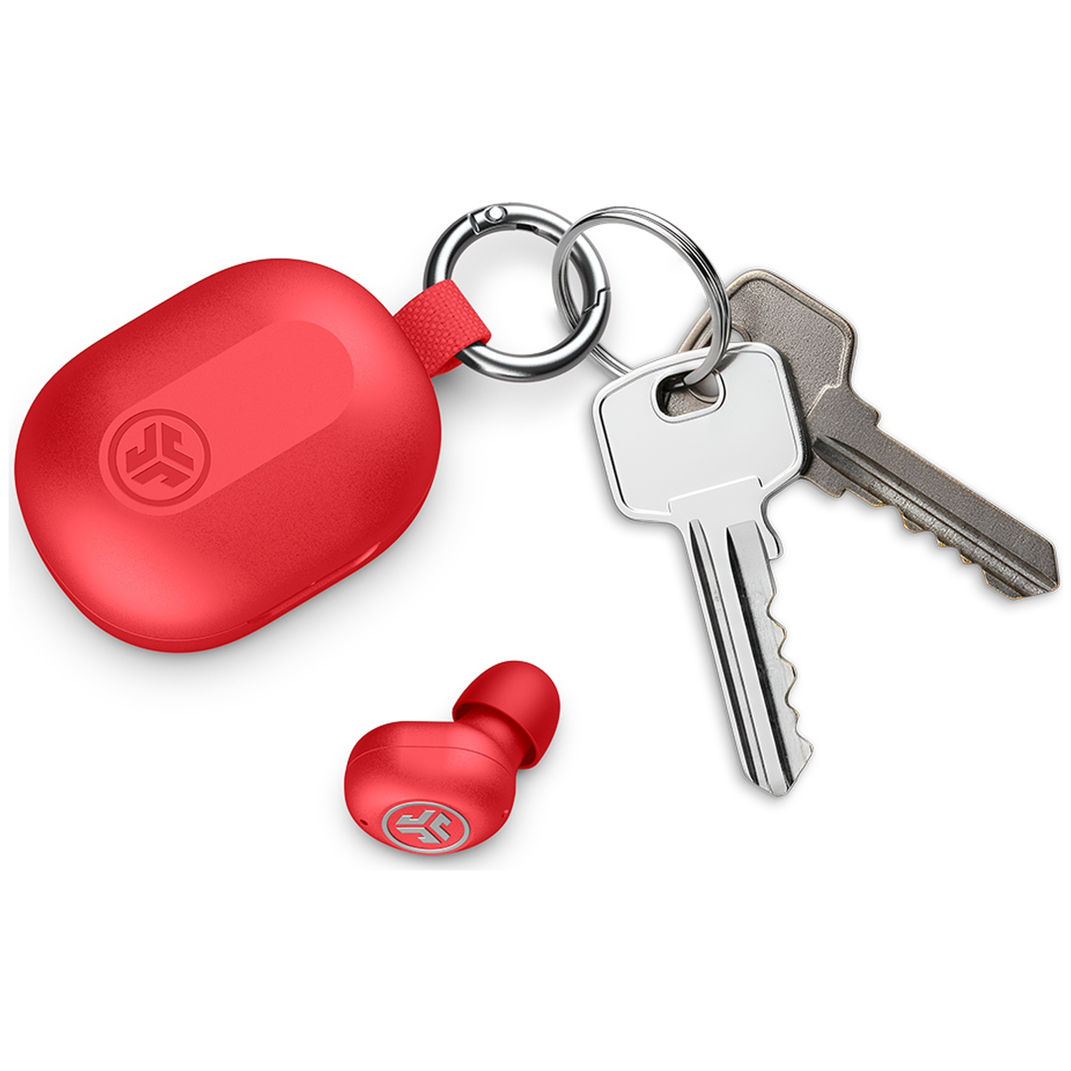A red earbud charging case attached to a keyring with two metal keys, plus a single red earbud on a white background.