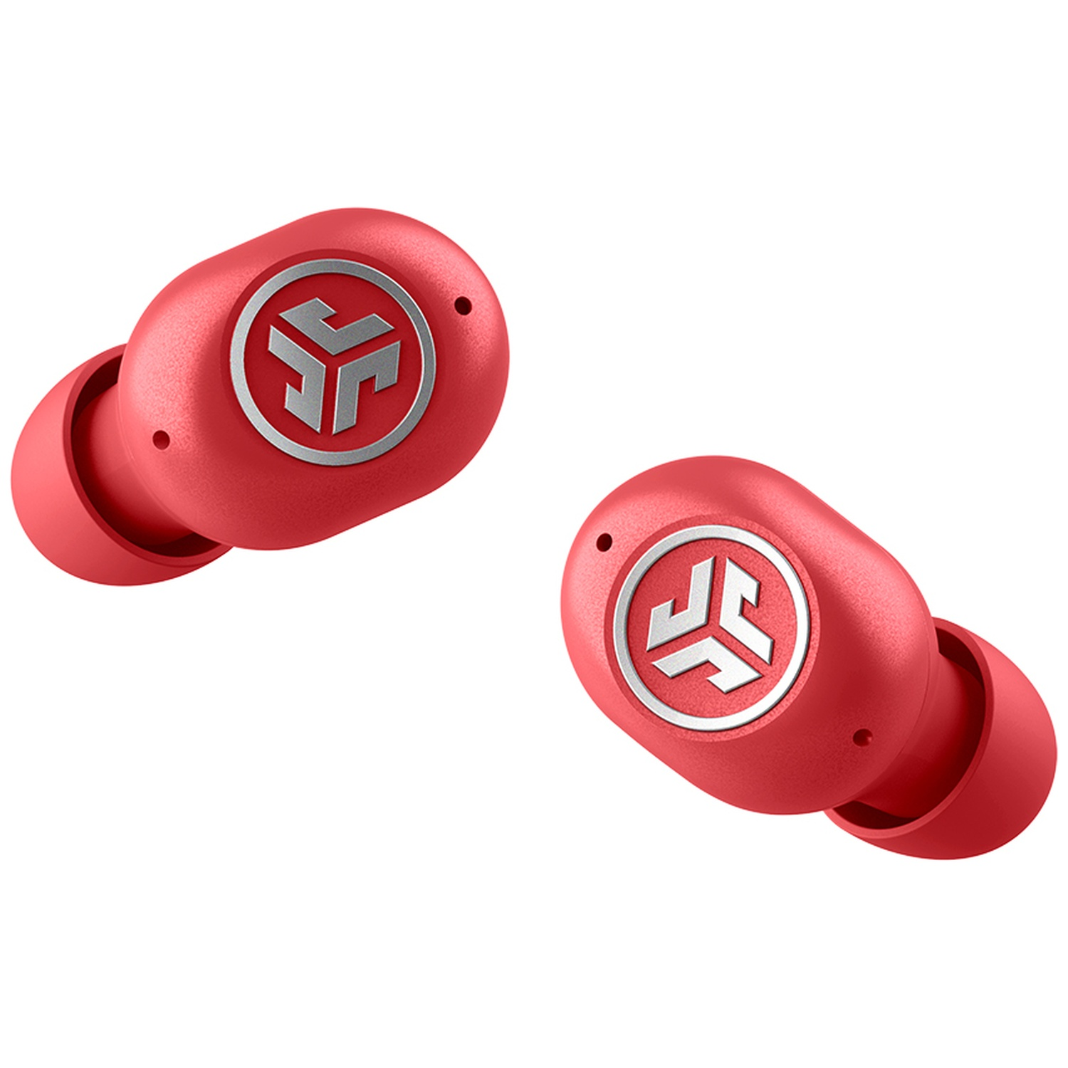 Two red wireless earbuds featuring a silver logo, set against a white background.