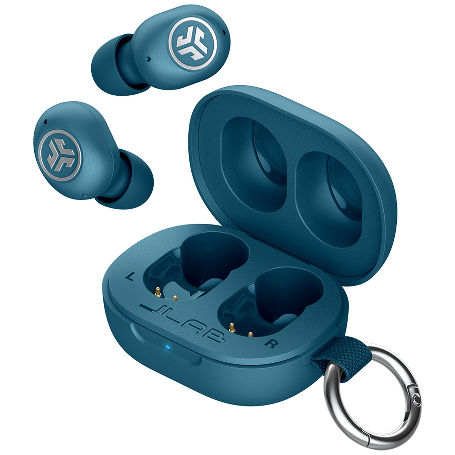 Blue JLab in-ear wireless earbuds with an open charging case and attached carabiner.
