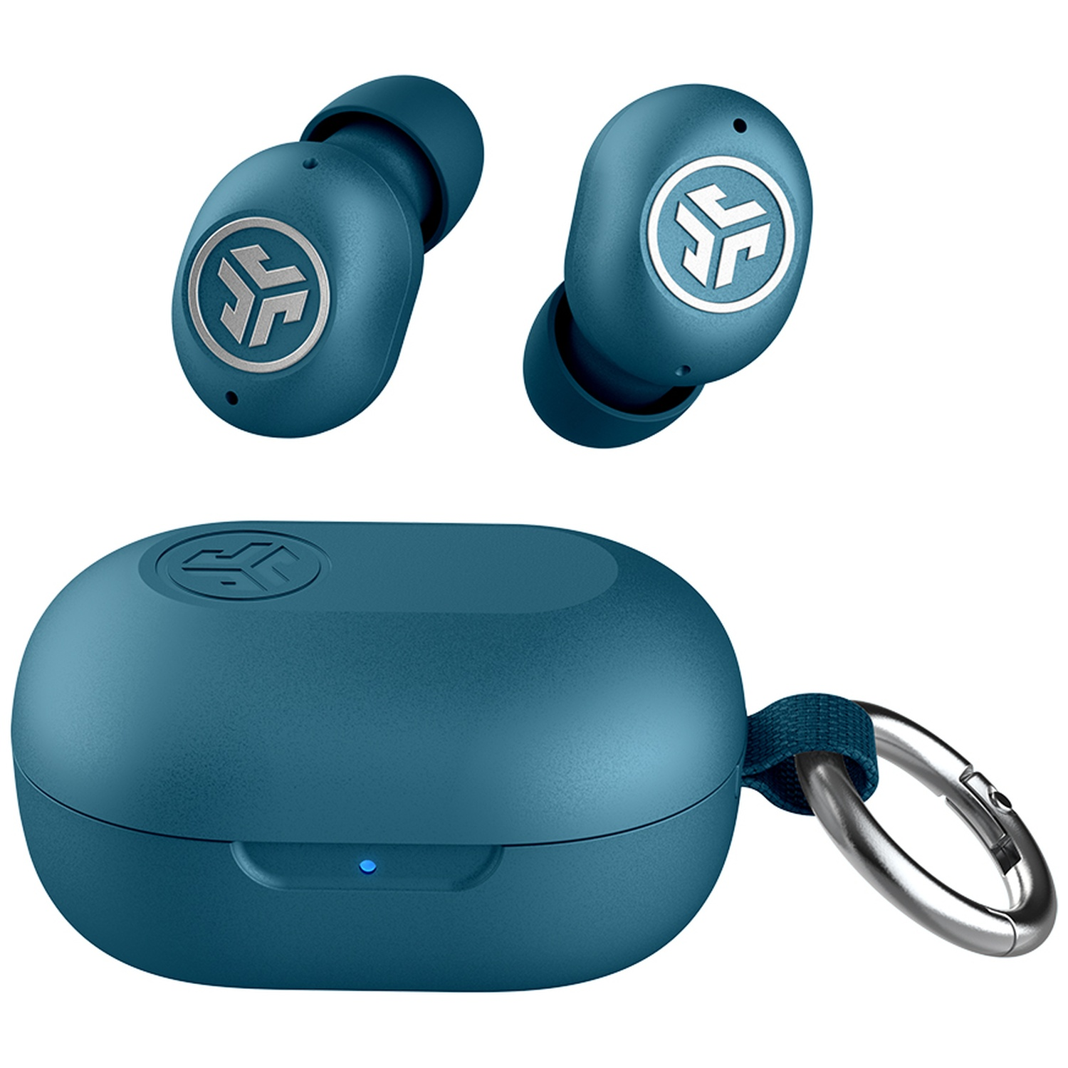 Blue wireless earbuds with a matching charging case and carabiner.