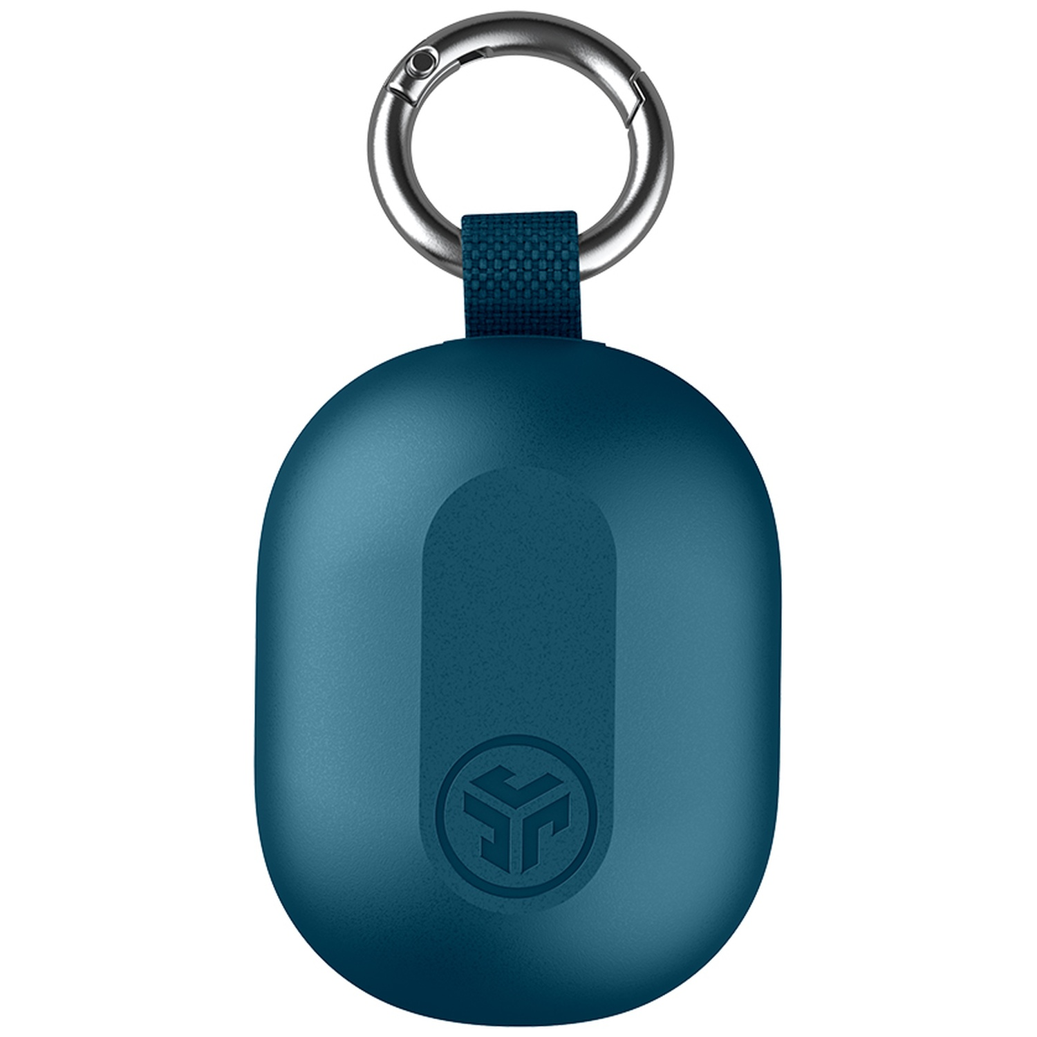 A dark blue oval silicone case with a silver carabiner attached via a short blue strap.