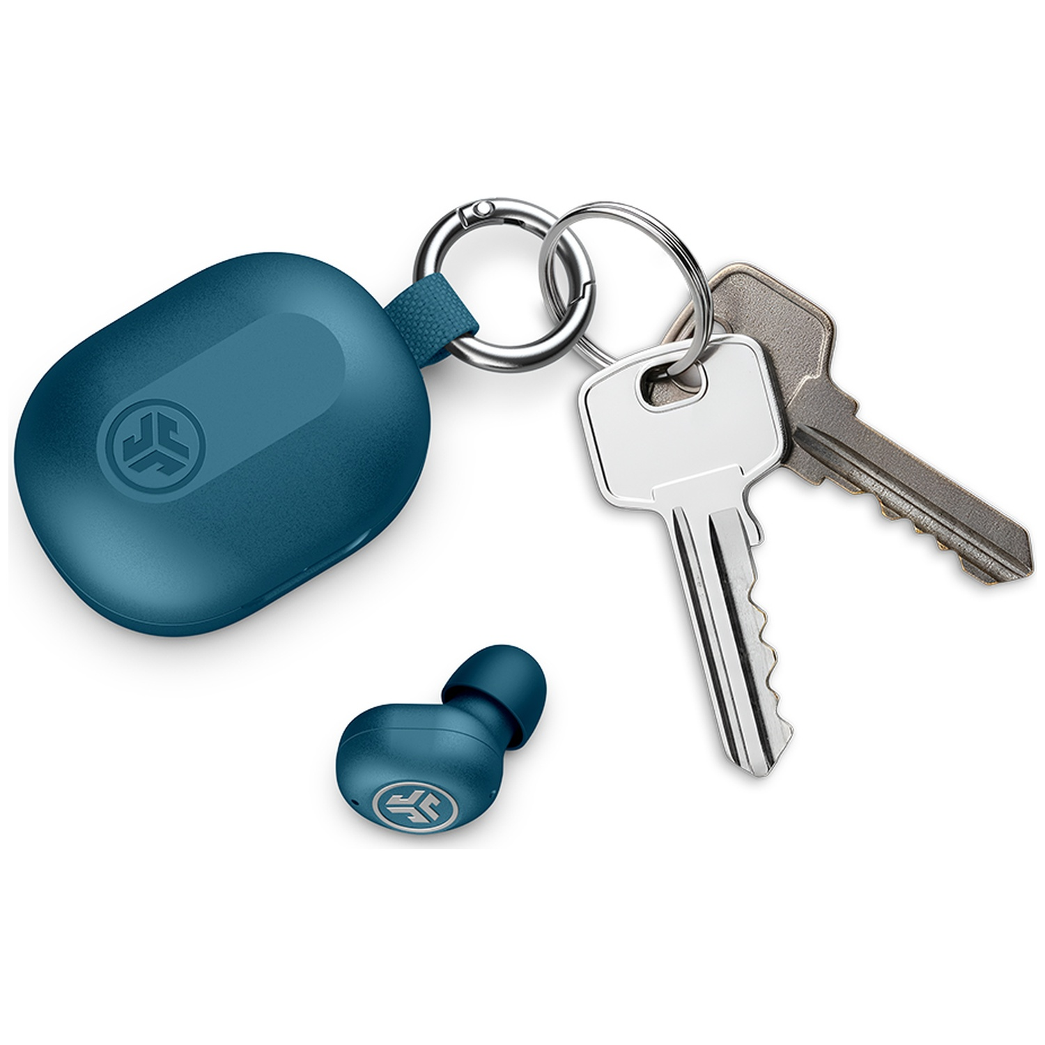 Blue earbuds in a charging case on a keyring with two keys.